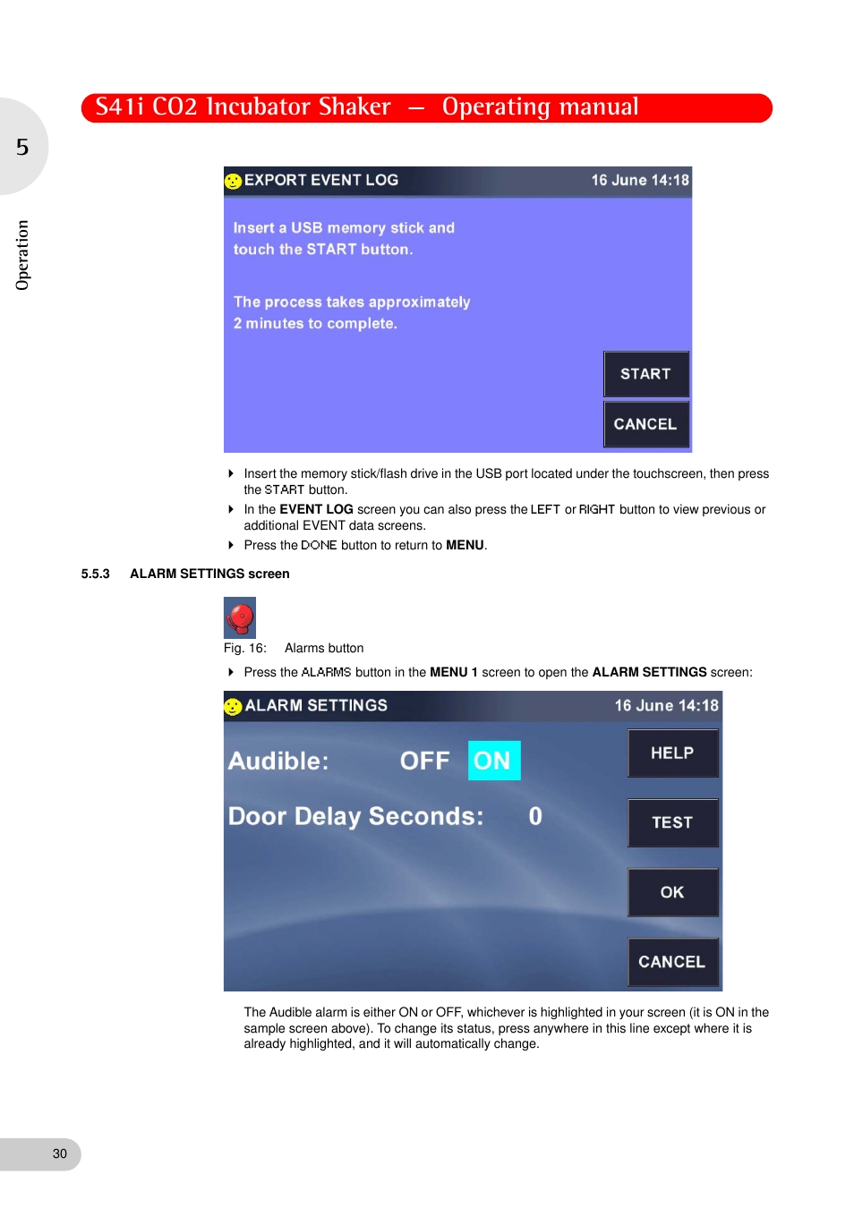 3 alarm settings screen, Alarm settings screen, S41i co2 incubator shaker — operating manual | Operation | Eppendorf S41i Incubator Shaker User Manual | Page 30 / 72