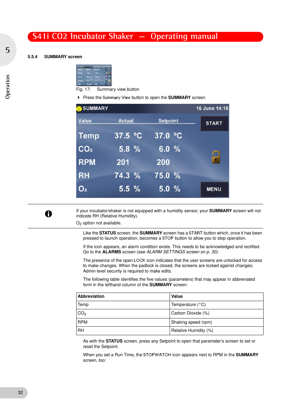 4 summary screen, Summary screen, S41i co2 incubator shaker — operating manual | Operation | Eppendorf S41i Incubator Shaker User Manual | Page 32 / 72