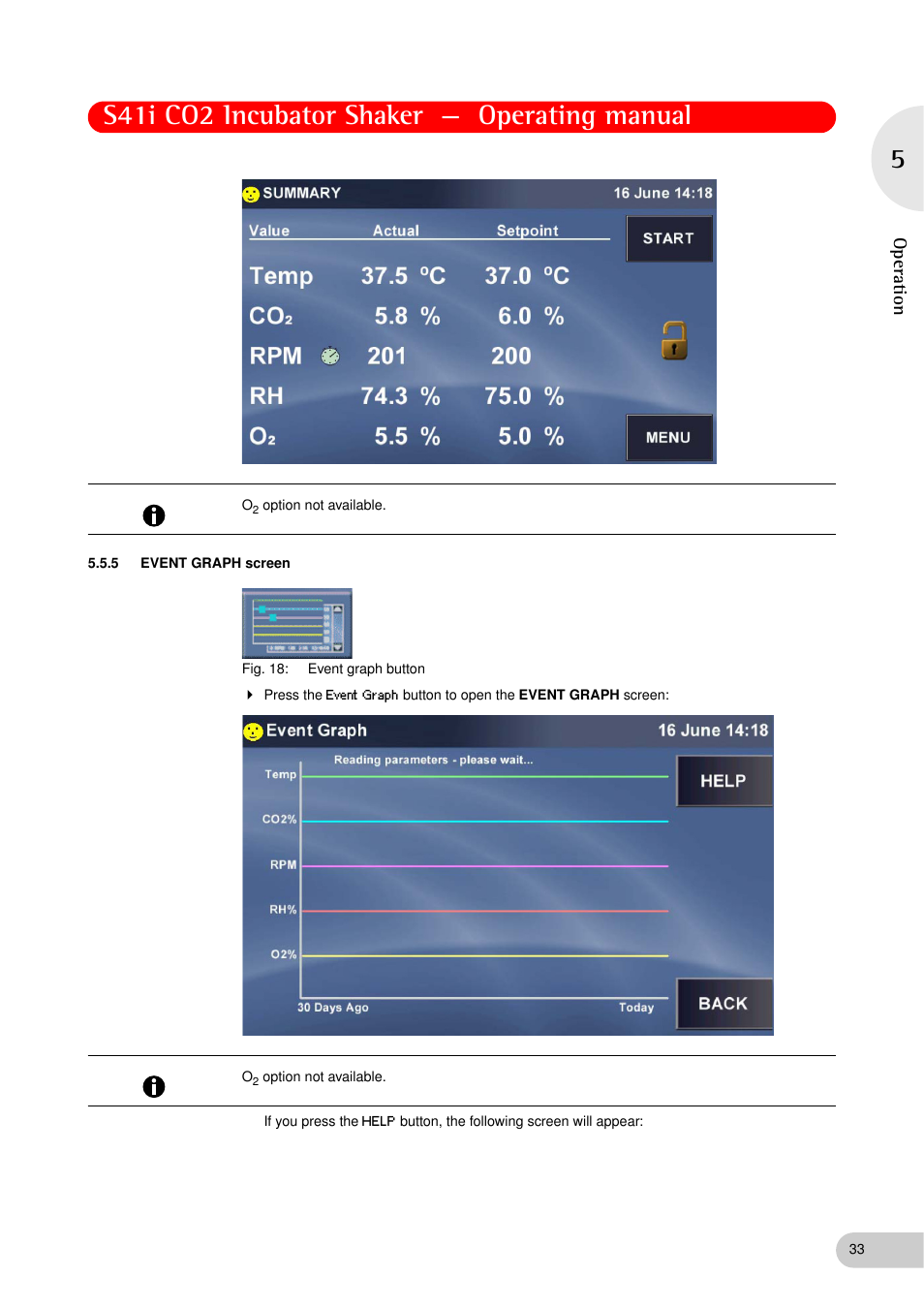 5 event graph screen, Event graph screen, S41i co2 incubator shaker — operating manual | Op er at ion | Eppendorf S41i Incubator Shaker User Manual | Page 33 / 72