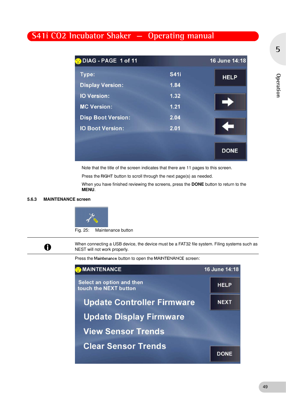 3 maintenance screen, Maintenance screen, S41i co2 incubator shaker — operating manual | Op er at ion | Eppendorf S41i Incubator Shaker User Manual | Page 49 / 72