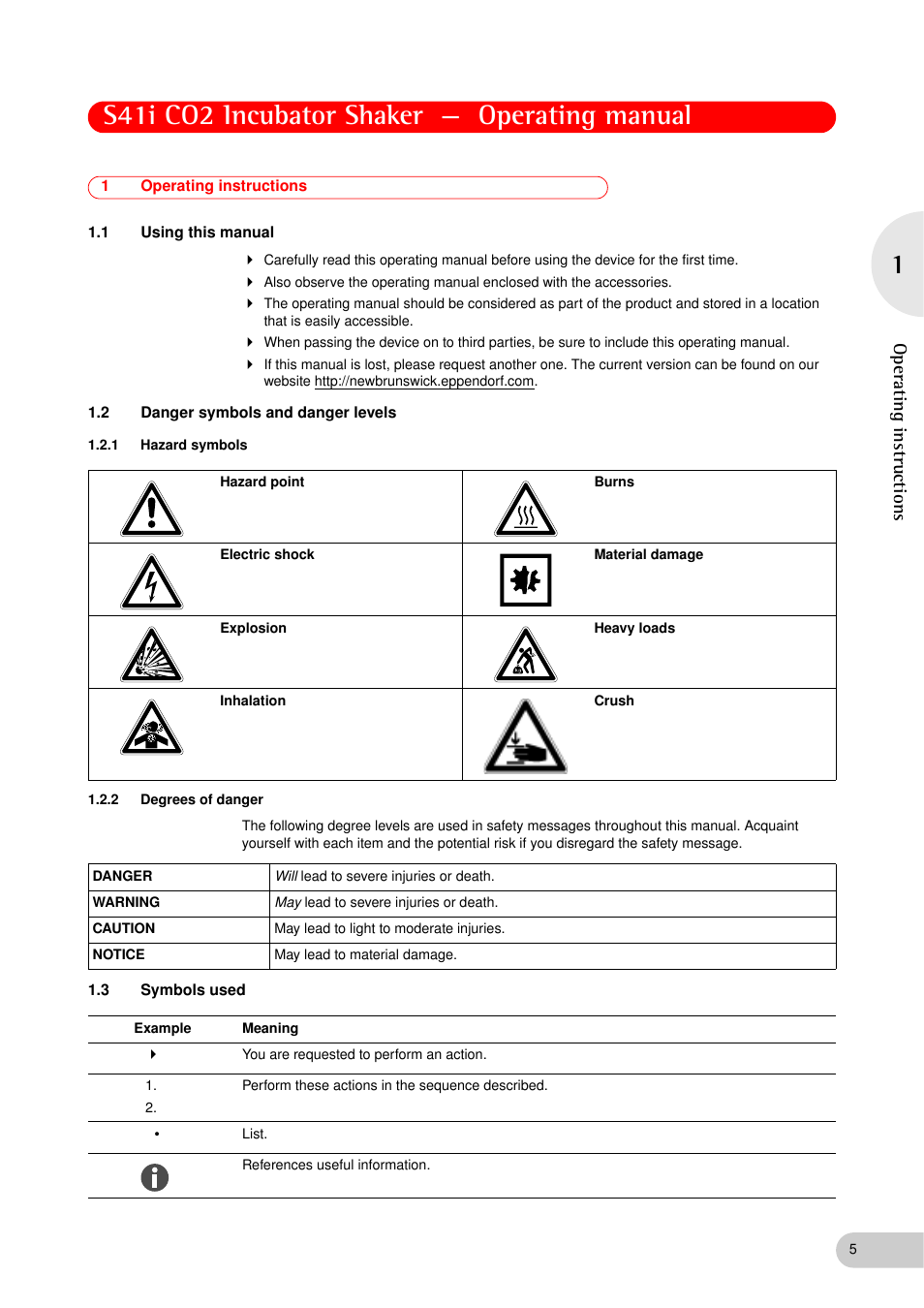 1 operating instructions, 1 using this manual, 2 danger symbols and danger levels | 1 hazard symbols, 2 degrees of danger, 3 symbols used, Operating instructions 1.1, Using this manual, Danger symbols and danger levels 1.2.1, Hazard symbols | Eppendorf S41i Incubator Shaker User Manual | Page 5 / 72