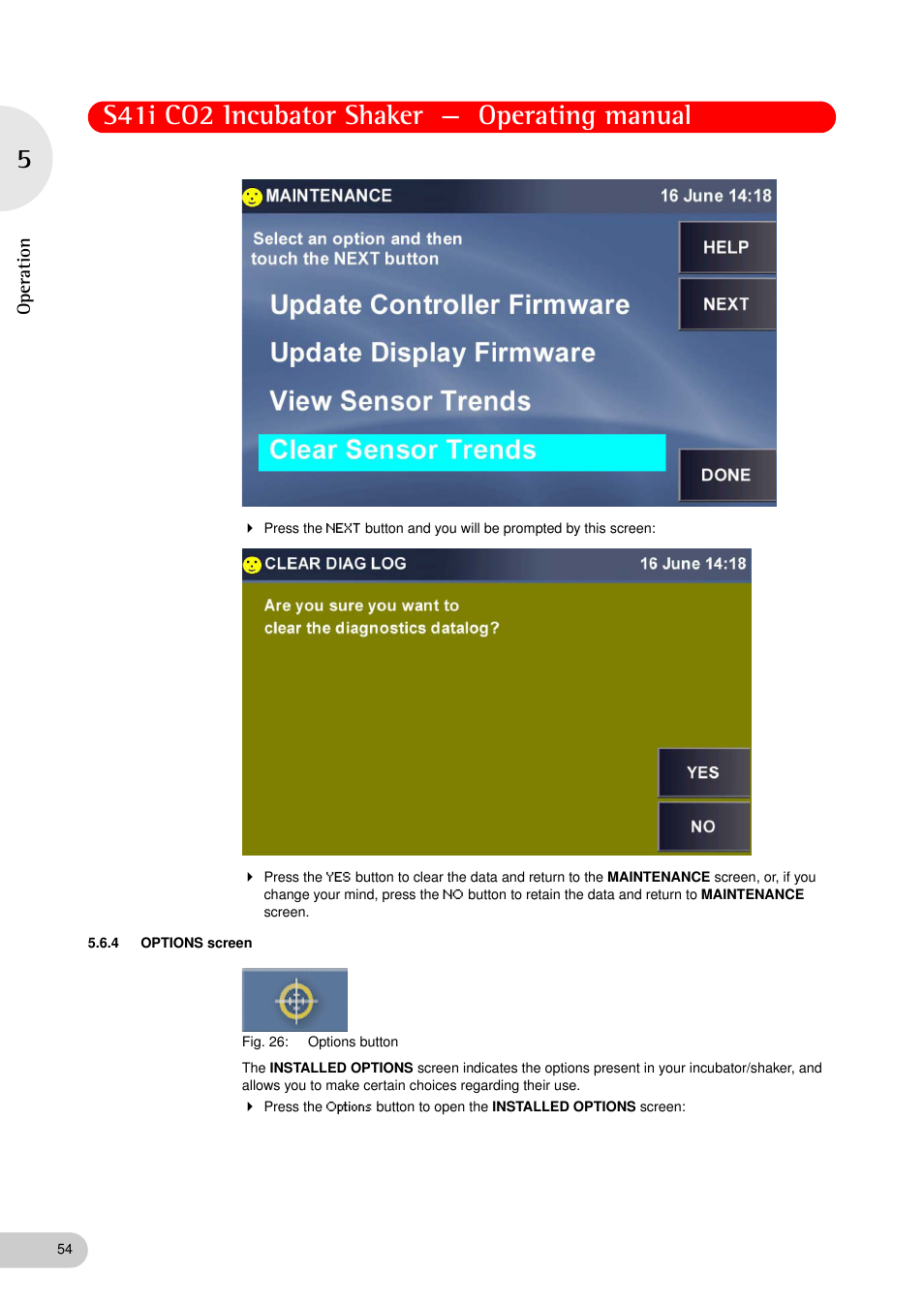 4 options screen, Options screen, S41i co2 incubator shaker — operating manual | Operation | Eppendorf S41i Incubator Shaker User Manual | Page 54 / 72