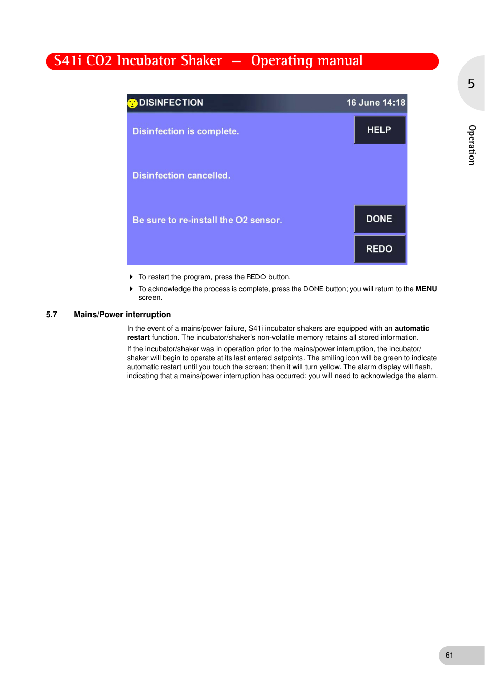 7 mains/power interruption, Mains/power interruption, S41i co2 incubator shaker — operating manual | Eppendorf S41i Incubator Shaker User Manual | Page 61 / 72