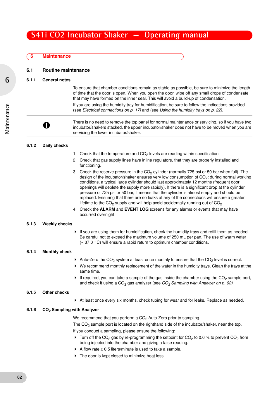 6 maintenance, 1 routine maintenance, 1 general notes | 2 daily checks, 3 weekly checks, 4 monthly check, 5 other checks, 6 co2 sampling with analyzer, Maintenance 6.1, Routine maintenance 6.1.1 | Eppendorf S41i Incubator Shaker User Manual | Page 62 / 72