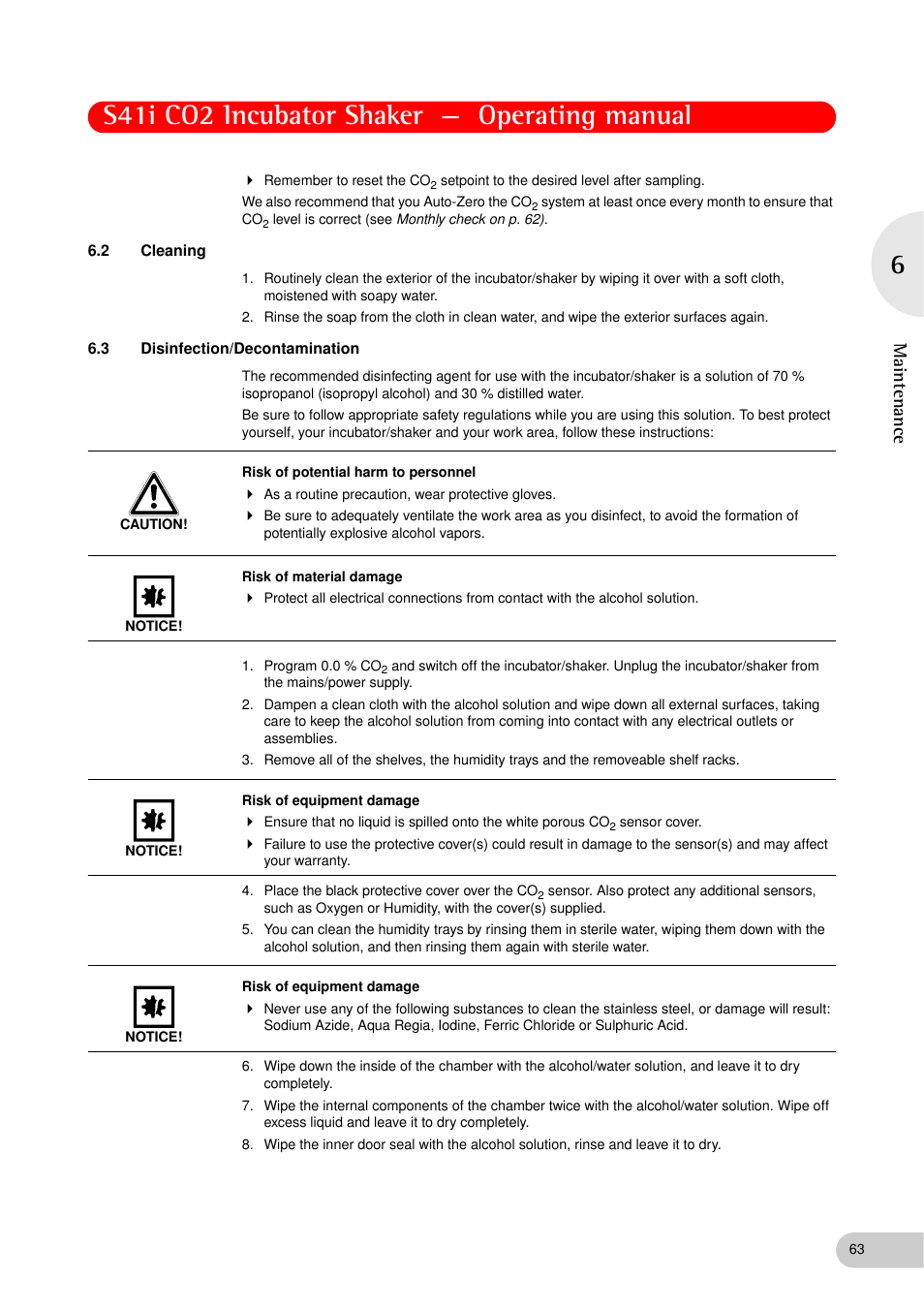 2 cleaning, 3 disinfection/decontamination, Cleaning | Disinfection/decontamination, S41i co2 incubator shaker — operating manual, Ma in te nanc e | Eppendorf S41i Incubator Shaker User Manual | Page 63 / 72