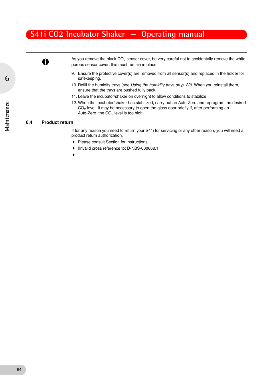 4 product return, Product return, S41i co2 incubator shaker — operating manual | Maintenance | Eppendorf S41i Incubator Shaker User Manual | Page 64 / 72
