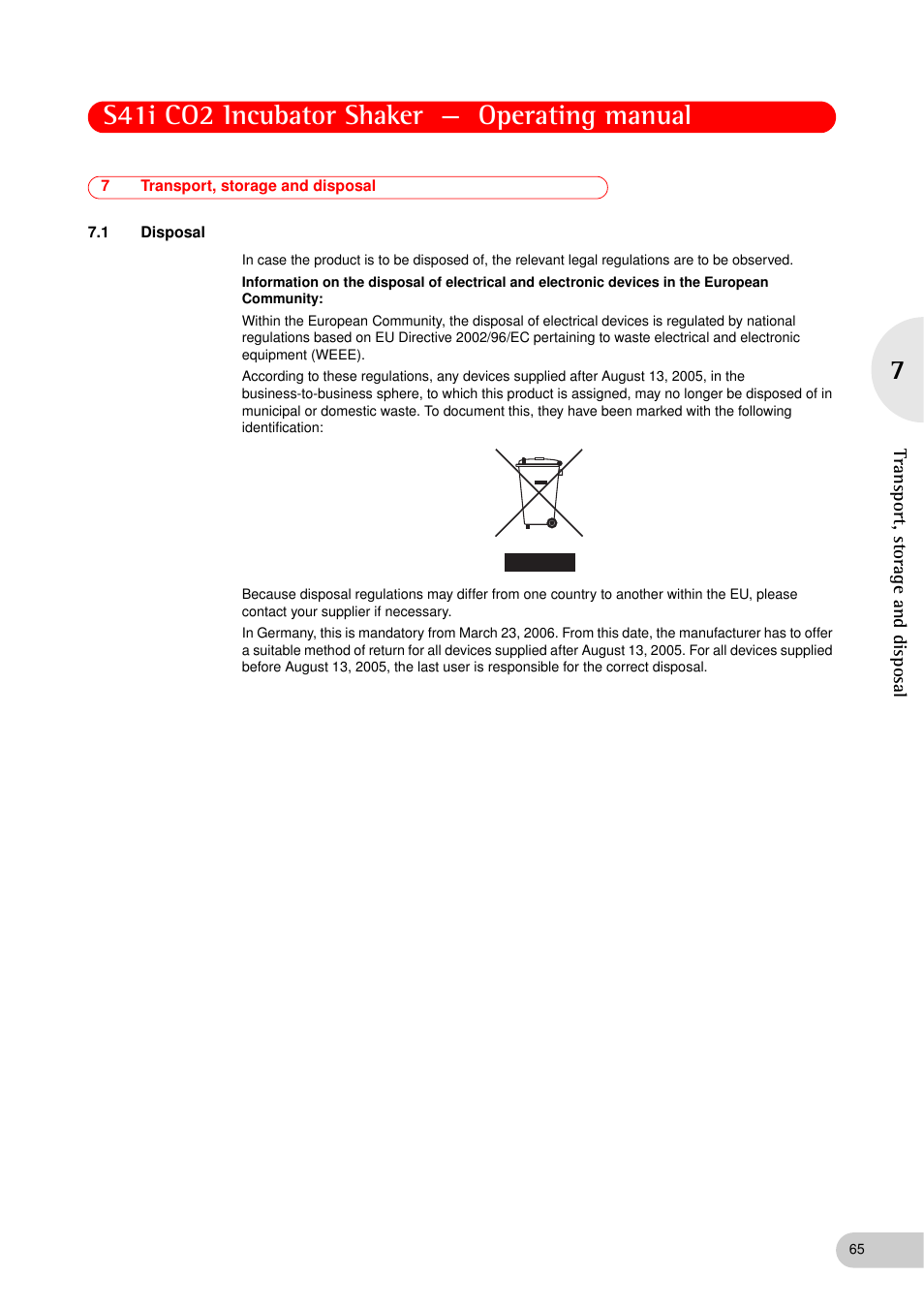 7 transport, storage and disposal, 1 disposal, Transport, storage and disposal 7.1 | Disposal, S41i co2 incubator shaker — operating manual | Eppendorf S41i Incubator Shaker User Manual | Page 65 / 72