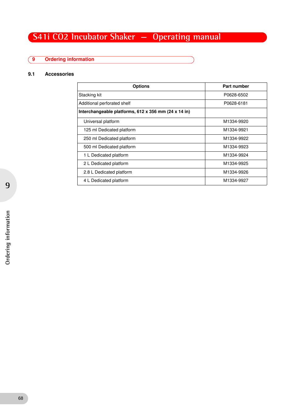 9 ordering information, 1 accessories, Ordering information 9.1 | Accessories, S41i co2 incubator shaker — operating manual, Ordering information | Eppendorf S41i Incubator Shaker User Manual | Page 68 / 72