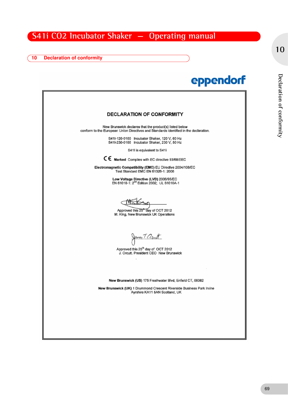 10 declaration of conformity, S41i co2 incubator shaker — operating manual | Eppendorf S41i Incubator Shaker User Manual | Page 69 / 72