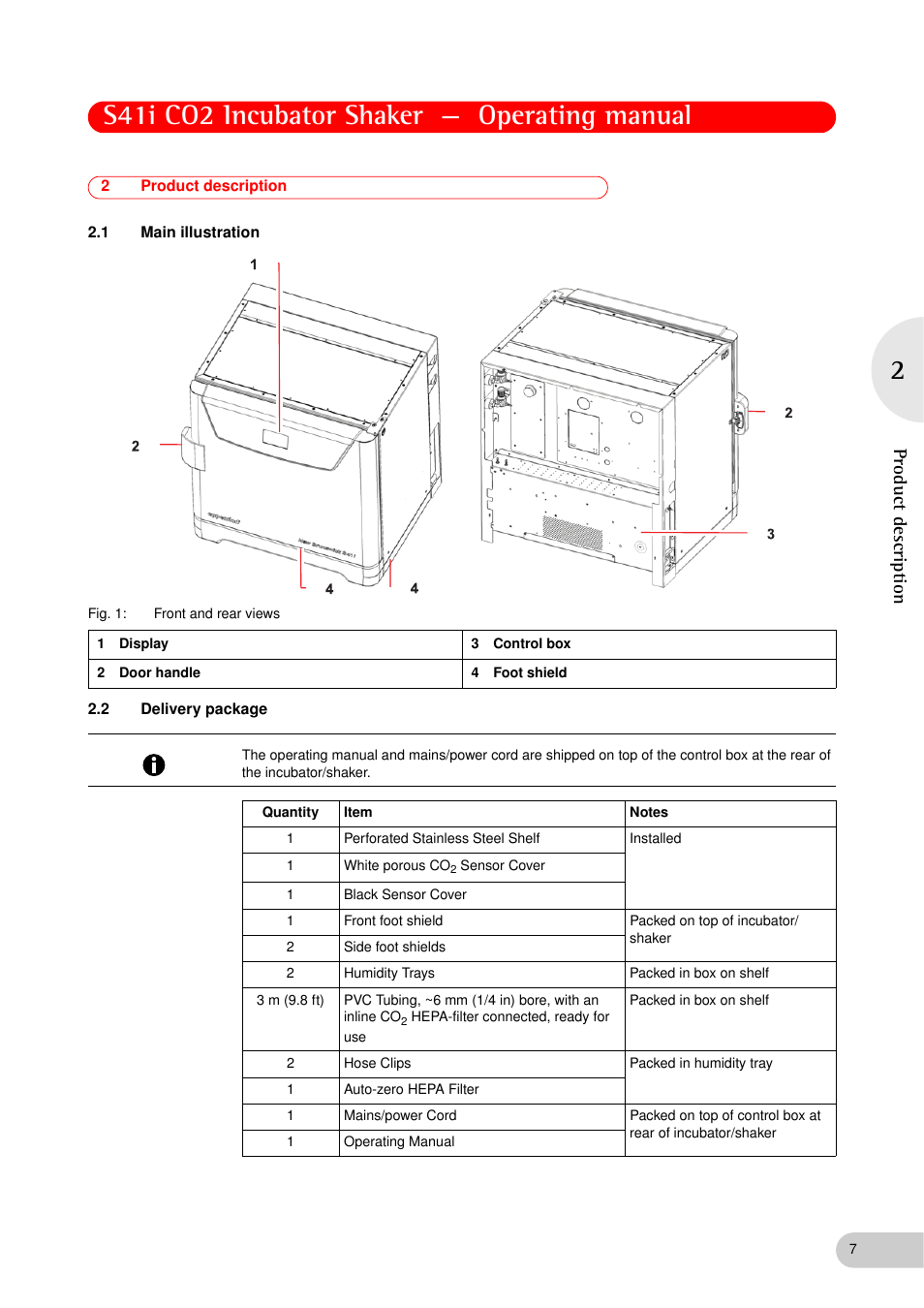 2 product description, 1 main illustration, 2 delivery package | Product description 2.1, Main illustration, Delivery package, S41i co2 incubator shaker — operating manual, Product descriptio n | Eppendorf S41i Incubator Shaker User Manual | Page 7 / 72
