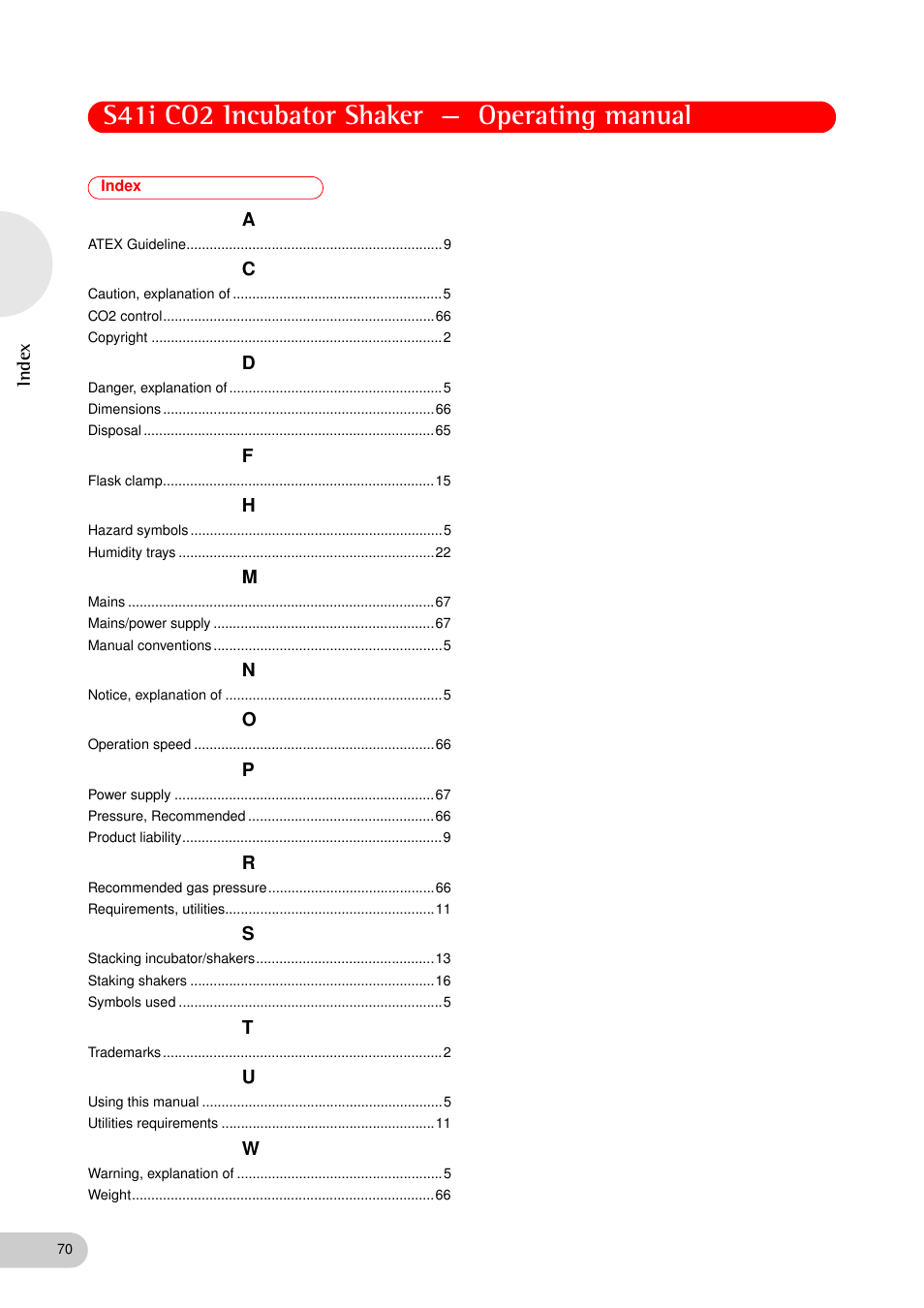 Index, S41i co2 incubator shaker — operating manual | Eppendorf S41i Incubator Shaker User Manual | Page 70 / 72