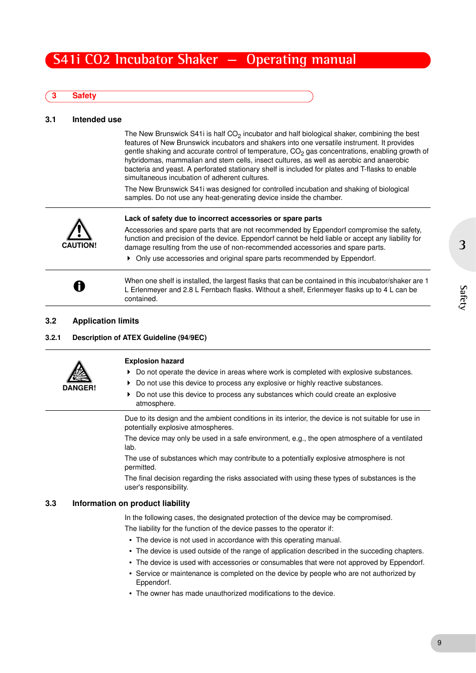 3 safety, 1 intended use, 2 application limits | 1 description of atex guideline (94/9ec), 3 information on product liability, Safety 3.1, Intended use, Application limits 3.2.1, Description of atex guideline (94/9ec), Information on product liability | Eppendorf S41i Incubator Shaker User Manual | Page 9 / 72