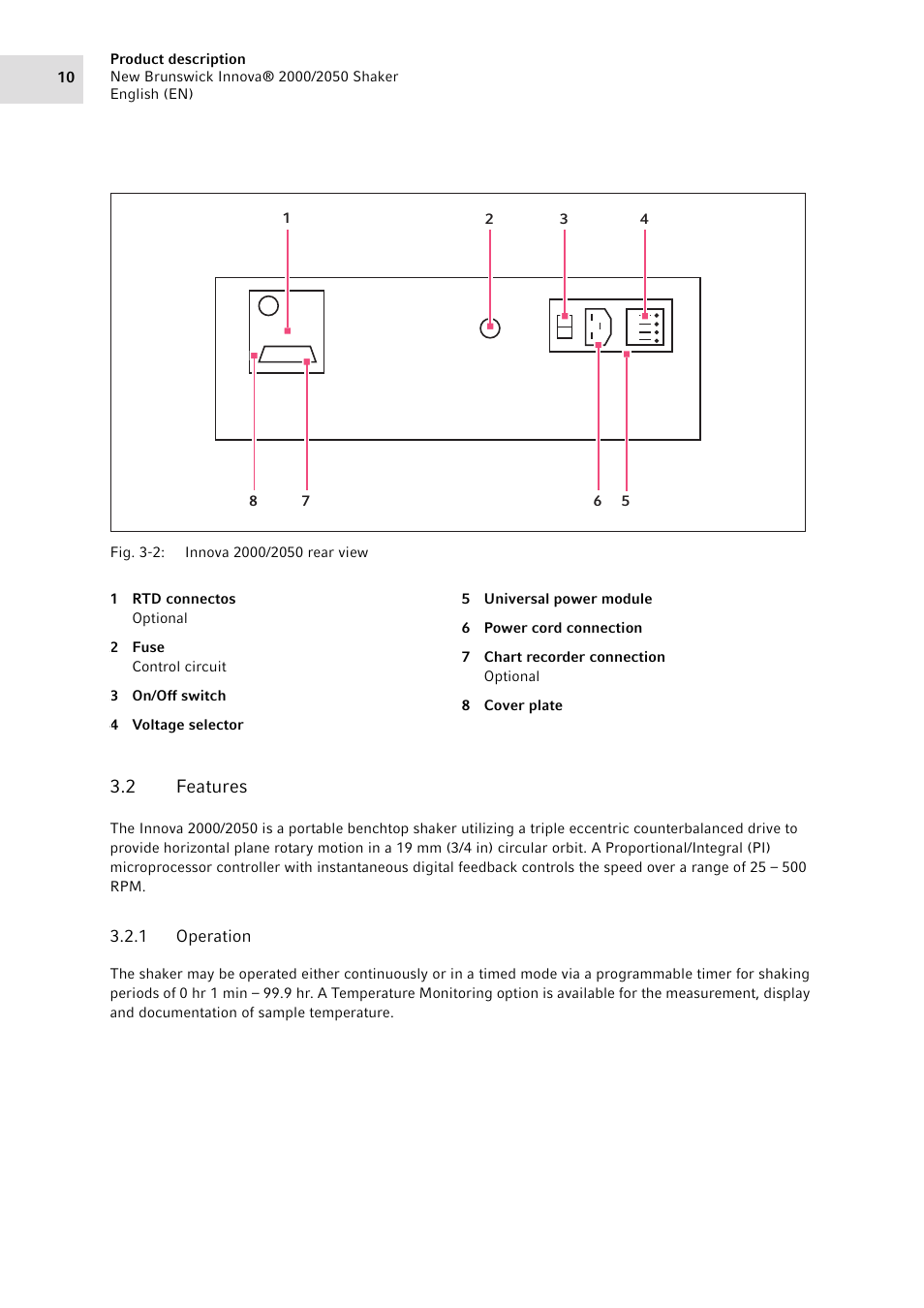 2 features, 1 operation, Features 3.2.1 | Operation | Eppendorf Innova 2050 Digital Platform Shaker User Manual | Page 10 / 42
