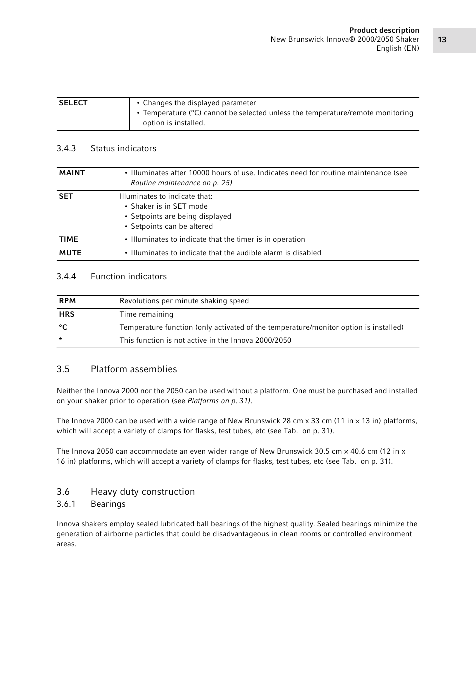 3 status indicators, 4 function indicators, 5 platform assemblies | 6 heavy duty construction, 1 bearings, Status indicators, Function indicators, Platform assemblies, Heavy duty construction 3.6.1, Bearings | Eppendorf Innova 2050 Digital Platform Shaker User Manual | Page 13 / 42