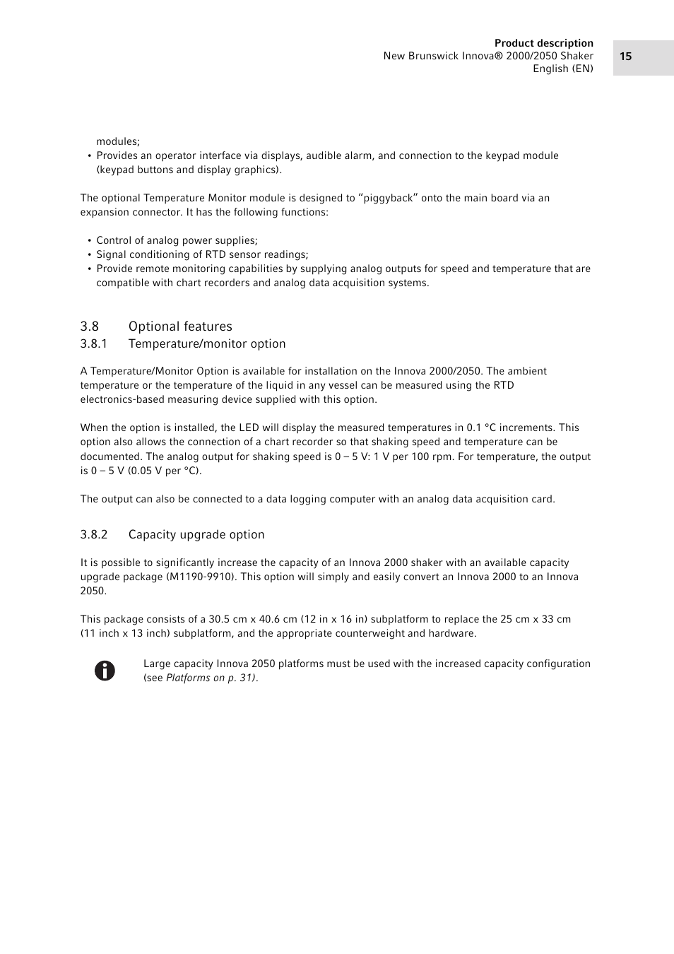8 optional features, 1 temperature/monitor option, 2 capacity upgrade option | Optional features 3.8.1, Temperature/monitor option, Capacity upgrade option | Eppendorf Innova 2050 Digital Platform Shaker User Manual | Page 15 / 42