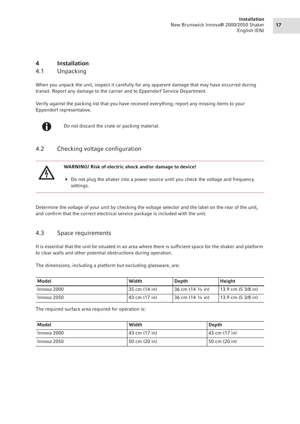 4 installation, 1 unpacking, 2 checking voltage configuration | 3 space requirements, Installation 4.1, Unpacking, Checking voltage configuration, Space requirements, 4installation 4.1 unpacking | Eppendorf Innova 2050 Digital Platform Shaker User Manual | Page 17 / 42