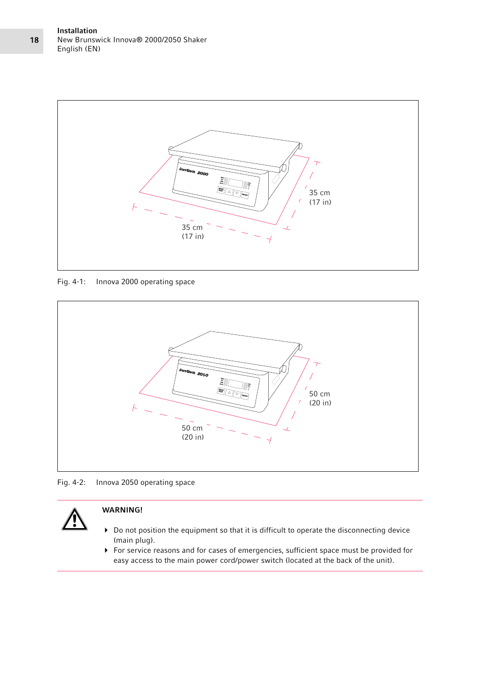 35 cm (17 in), 50 cm (20 in) | Eppendorf Innova 2050 Digital Platform Shaker User Manual | Page 18 / 42