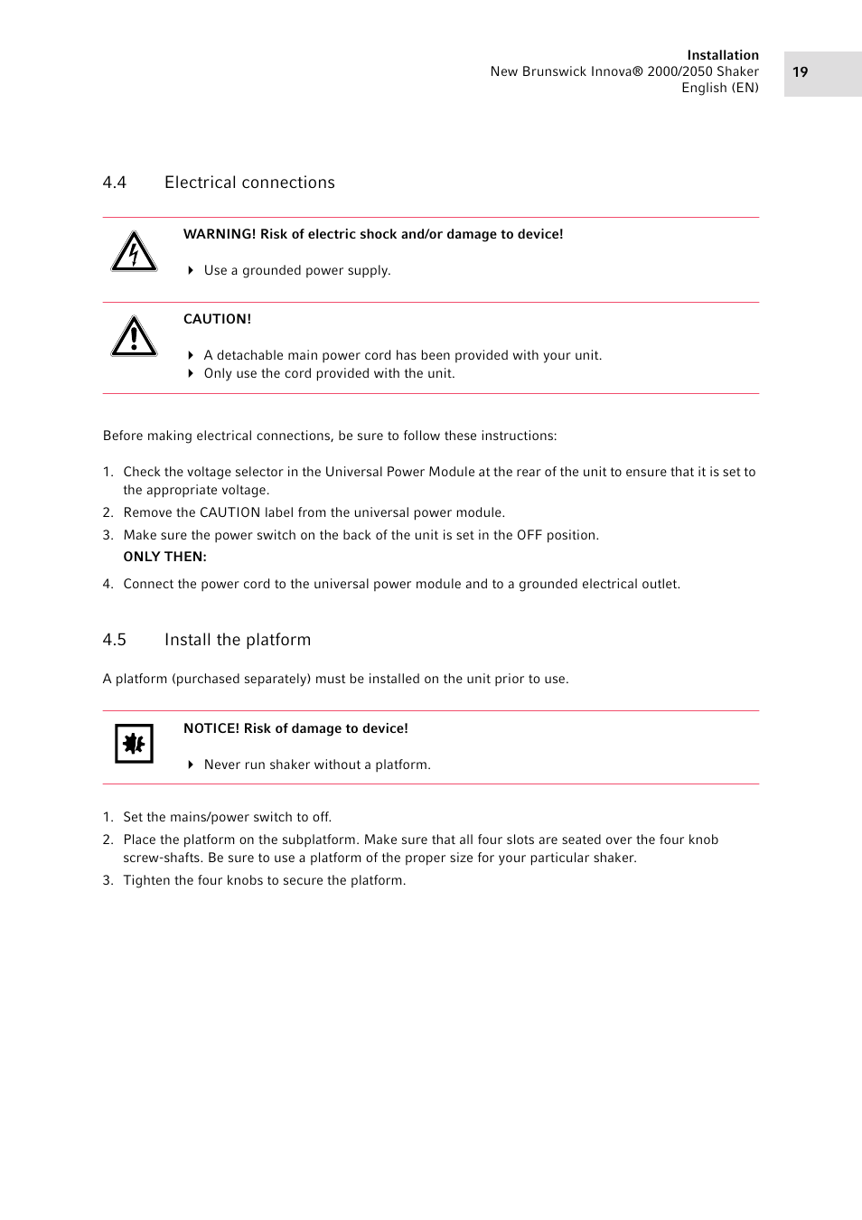 4 electrical connections, 5 install the platform, Electrical connections | Install the platform | Eppendorf Innova 2050 Digital Platform Shaker User Manual | Page 19 / 42