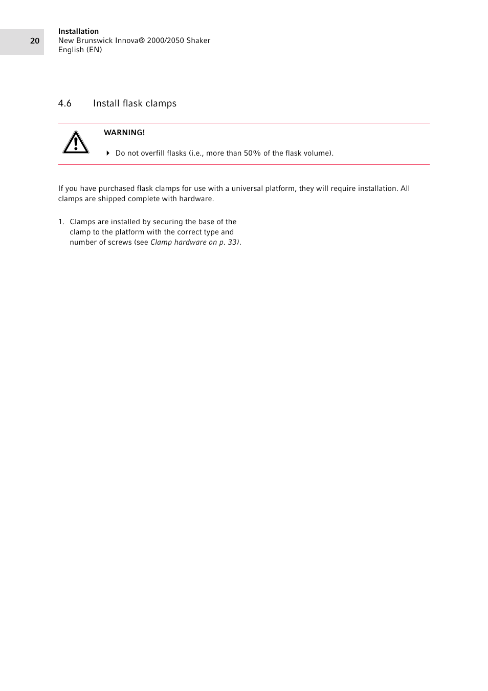 6 install flask clamps, Install flask clamps | Eppendorf Innova 2050 Digital Platform Shaker User Manual | Page 20 / 42