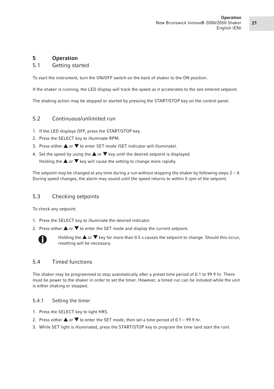5 operation, 1 getting started, 2 continuous/unlimited run | 3 checking setpoints, 4 timed functions, 1 setting the timer, Operation 5.1, Getting started, Continuous/unlimited run, Checking setpoints | Eppendorf Innova 2050 Digital Platform Shaker User Manual | Page 21 / 42