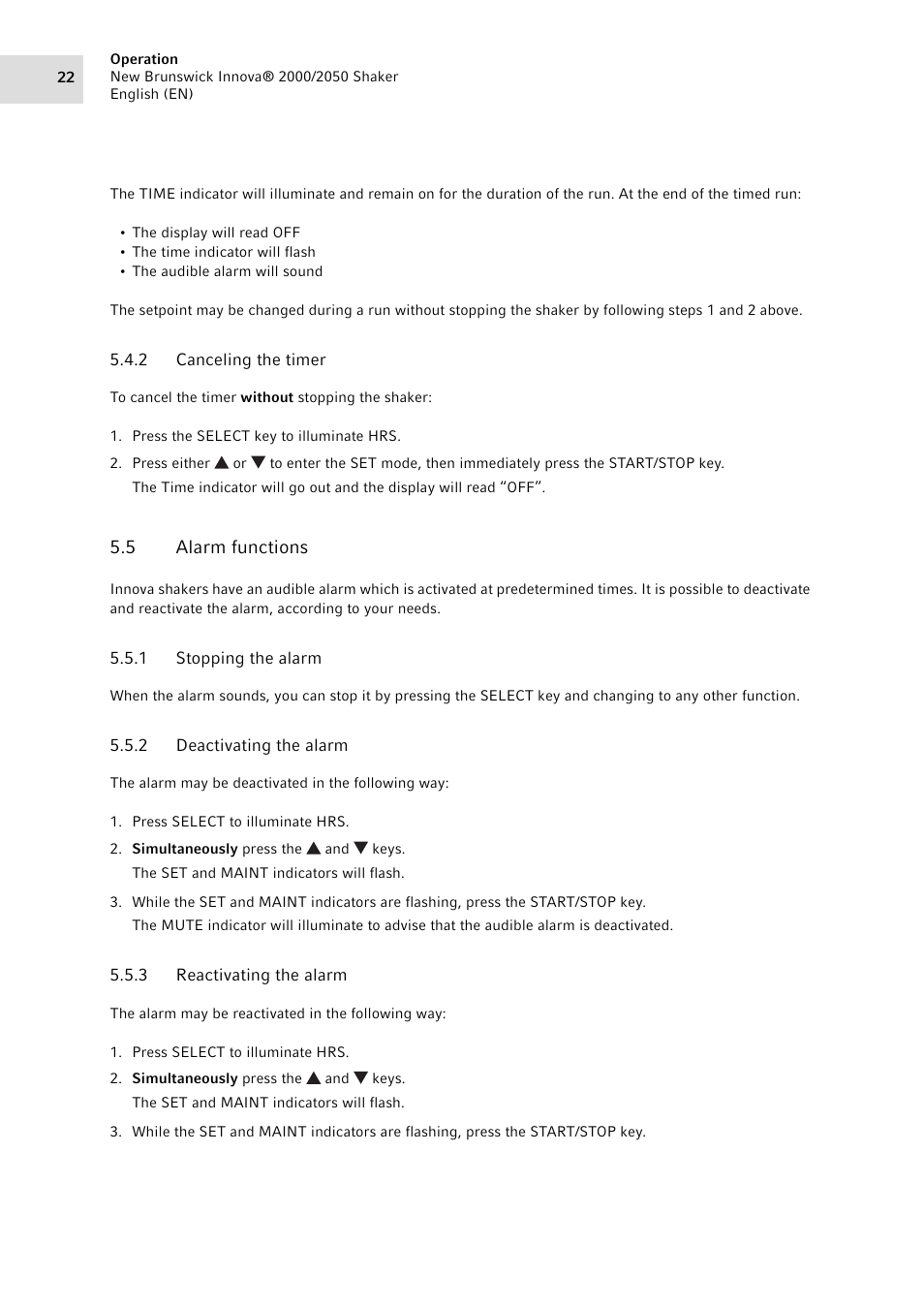 2 canceling the timer, 5 alarm functions, 1 stopping the alarm | 2 deactivating the alarm, 3 reactivating the alarm, Canceling the timer, Alarm functions 5.5.1, Stopping the alarm, Deactivating the alarm, Reactivating the alarm | Eppendorf Innova 2050 Digital Platform Shaker User Manual | Page 22 / 42