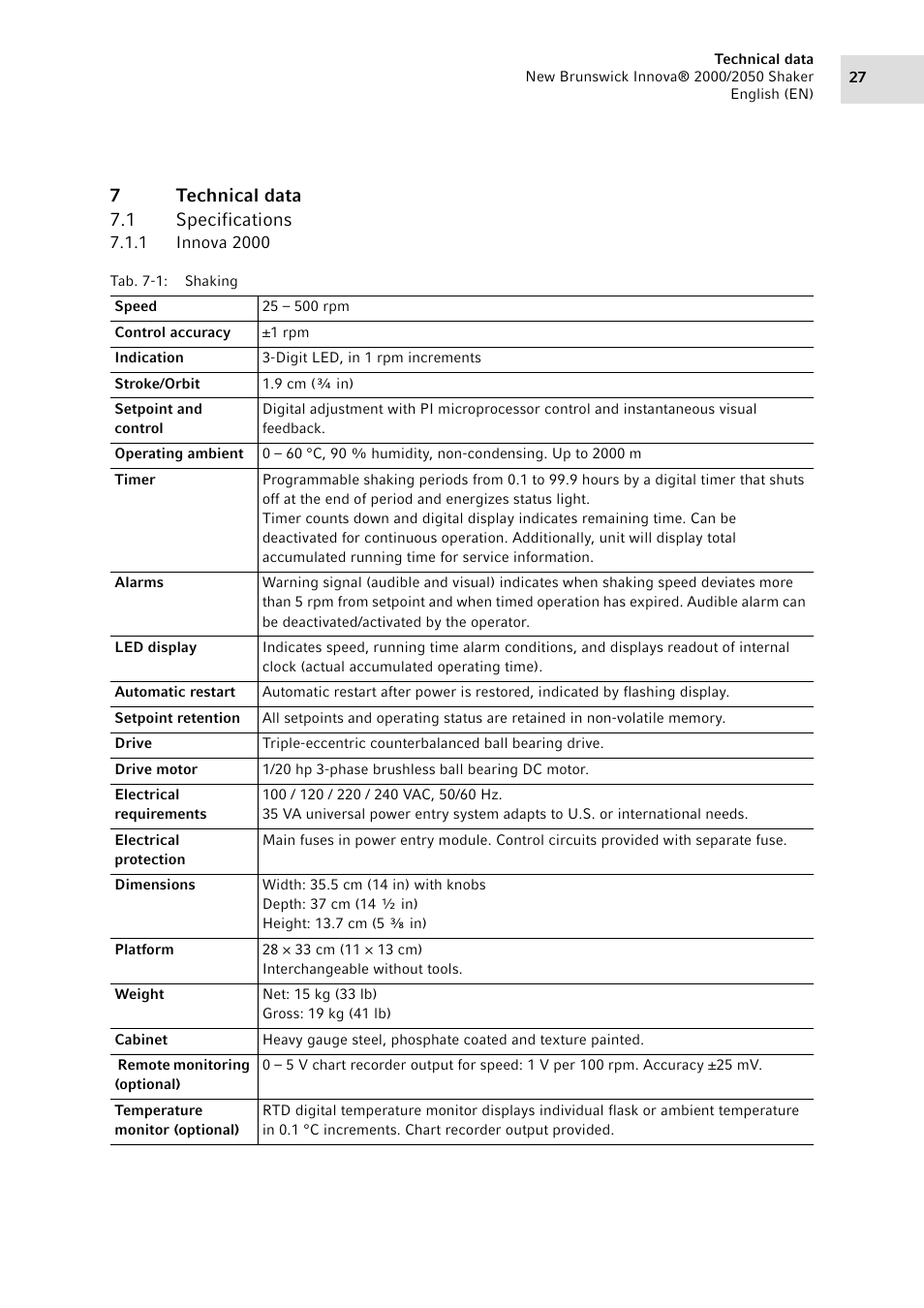 7 technical data, 1 specifications, 1 innova 2000 | Technical data 7.1, Specifications 7.1.1, Innova 2000, 7technical data 7.1 specifications | Eppendorf Innova 2050 Digital Platform Shaker User Manual | Page 27 / 42