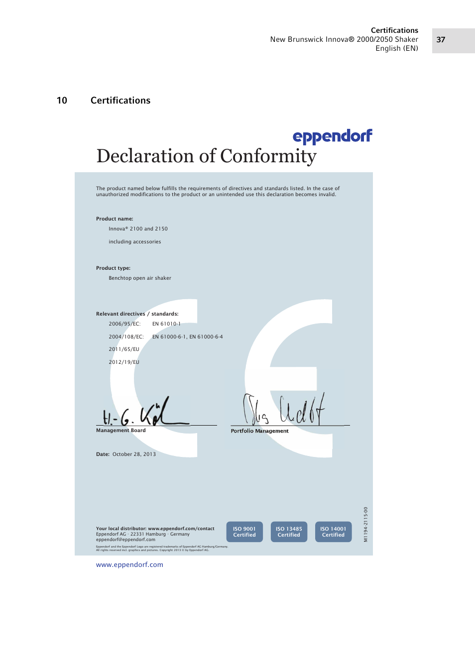 10 certifications, Declaration of conformity | Eppendorf Innova 2050 Digital Platform Shaker User Manual | Page 37 / 42