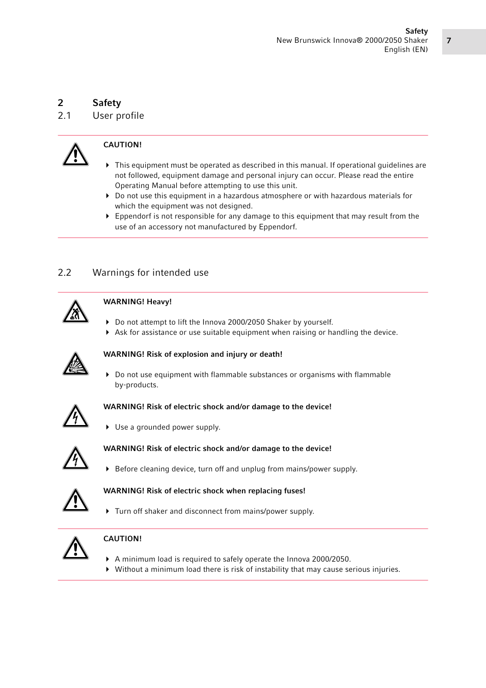 2 safety, 1 user profile, 2 warnings for intended use | Safety 2.1, User profile, Warnings for intended use | Eppendorf Innova 2050 Digital Platform Shaker User Manual | Page 7 / 42