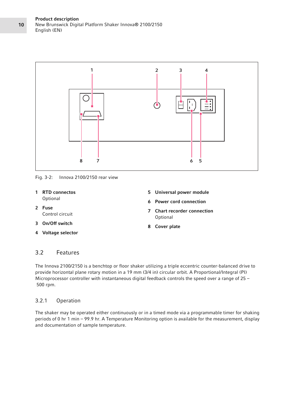 2 features, 1 operation, Features 3.2.1 | Operation | Eppendorf 2150 Digital Platform Shaker User Manual | Page 10 / 42