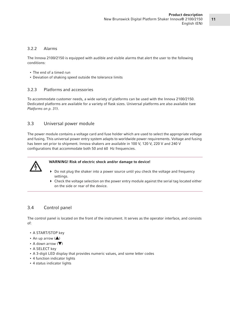 2 alarms, 3 platforms and accessories, 3 universal power module | 4 control panel, Alarms, Platforms and accessories, Universal power module, Control panel | Eppendorf 2150 Digital Platform Shaker User Manual | Page 11 / 42