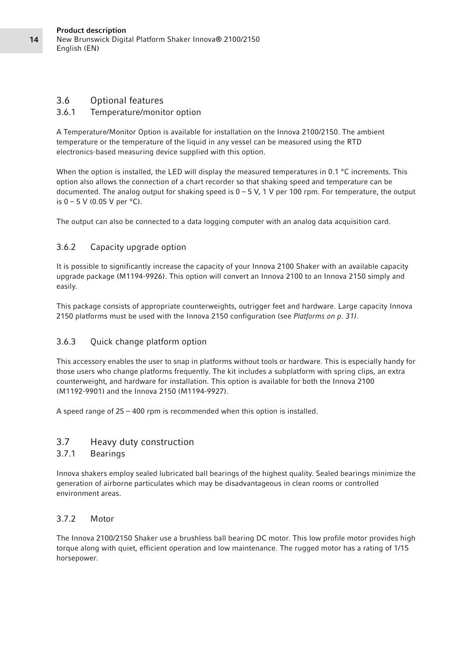 6 optional features, 1 temperature/monitor option, 2 capacity upgrade option | 3 quick change platform option, 7 heavy duty construction, 1 bearings, 2 motor, Optional features 3.6.1, Temperature/monitor option, Capacity upgrade option | Eppendorf 2150 Digital Platform Shaker User Manual | Page 14 / 42