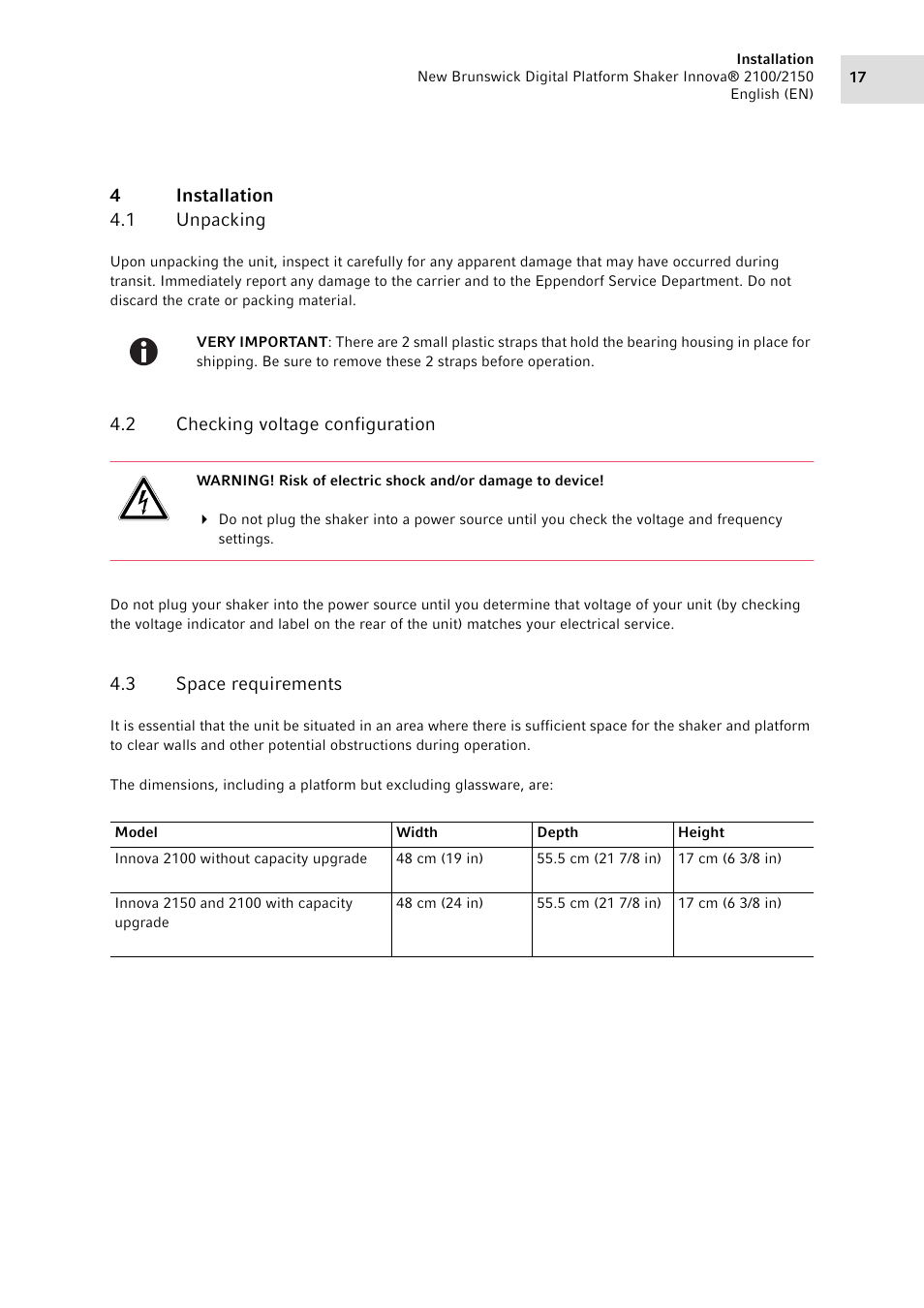 4 installation, 1 unpacking, 2 checking voltage configuration | 3 space requirements, Installation 4.1, Unpacking, Checking voltage configuration, Space requirements | Eppendorf 2150 Digital Platform Shaker User Manual | Page 17 / 42