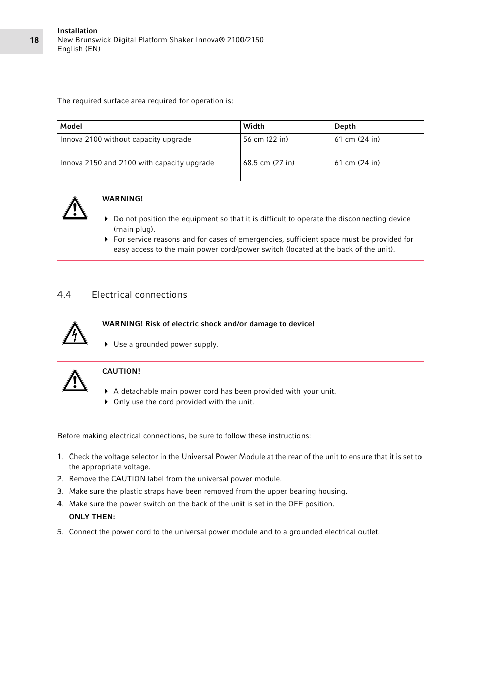 4 electrical connections, Electrical connections | Eppendorf 2150 Digital Platform Shaker User Manual | Page 18 / 42