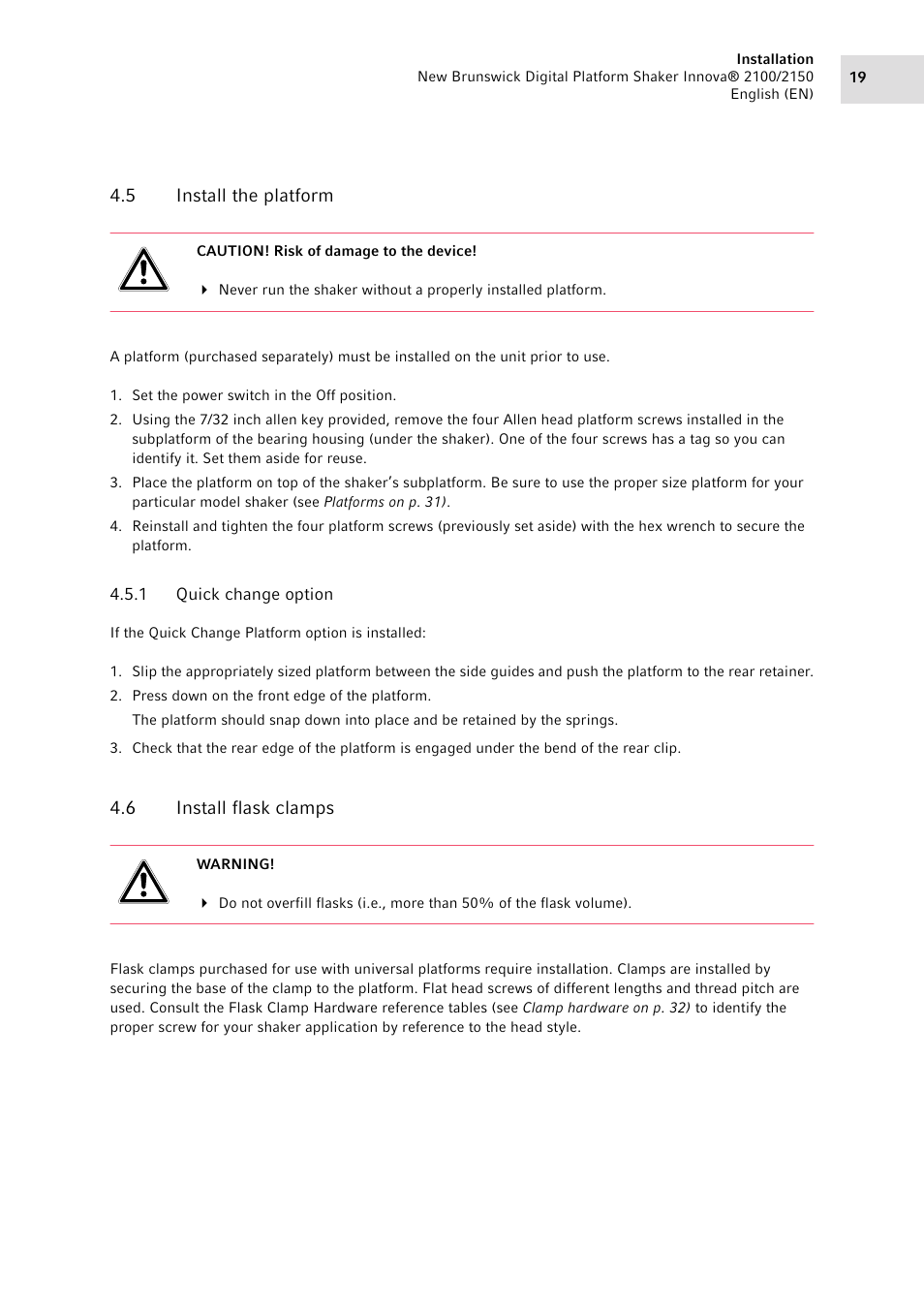 5 install the platform, 1 quick change option, 6 install flask clamps | Install the platform 4.5.1, Quick change option, Install flask clamps | Eppendorf 2150 Digital Platform Shaker User Manual | Page 19 / 42