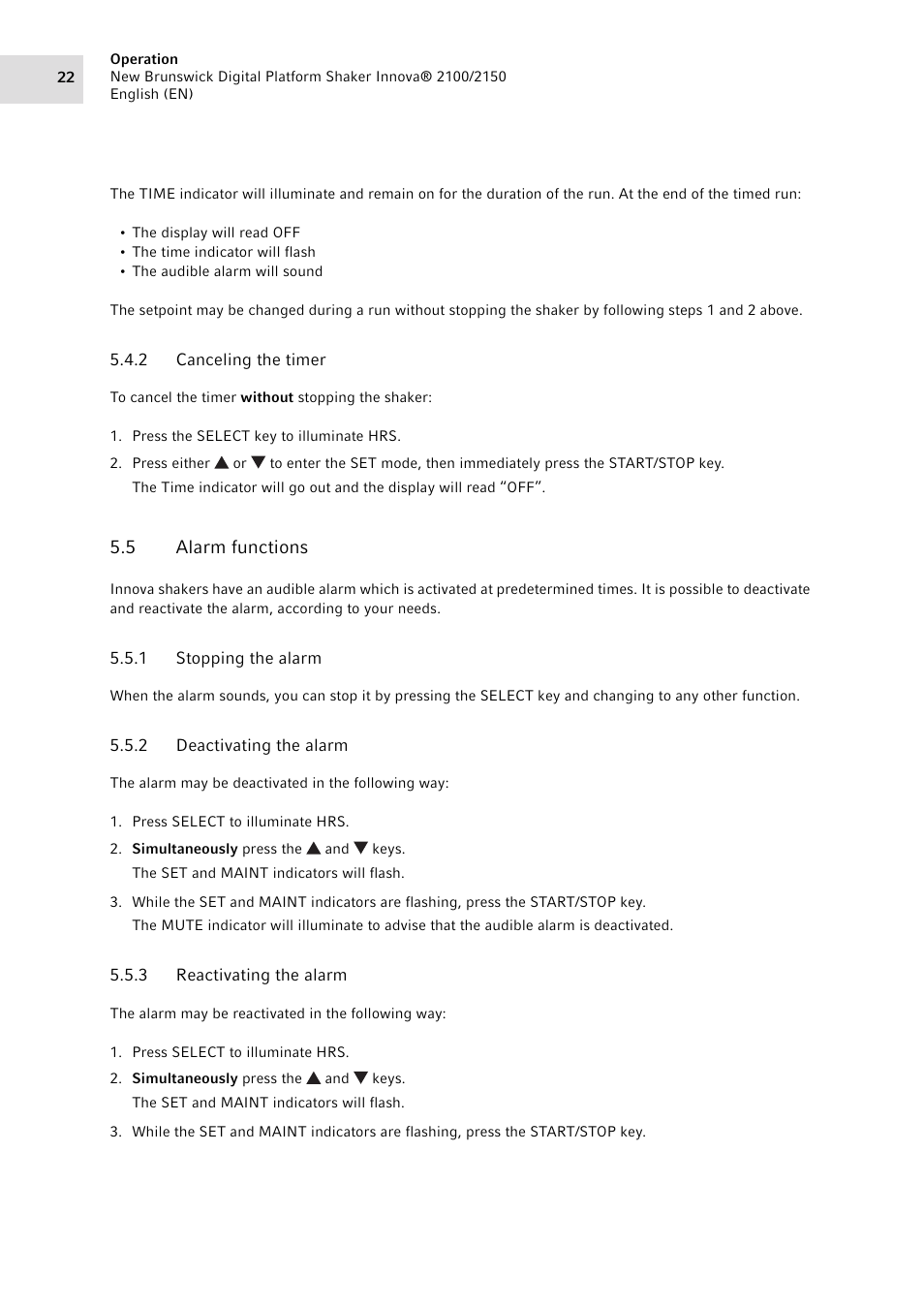 2 canceling the timer, 5 alarm functions, 1 stopping the alarm | 2 deactivating the alarm, 3 reactivating the alarm, Canceling the timer, Alarm functions 5.5.1, Stopping the alarm, Deactivating the alarm, Reactivating the alarm | Eppendorf 2150 Digital Platform Shaker User Manual | Page 22 / 42