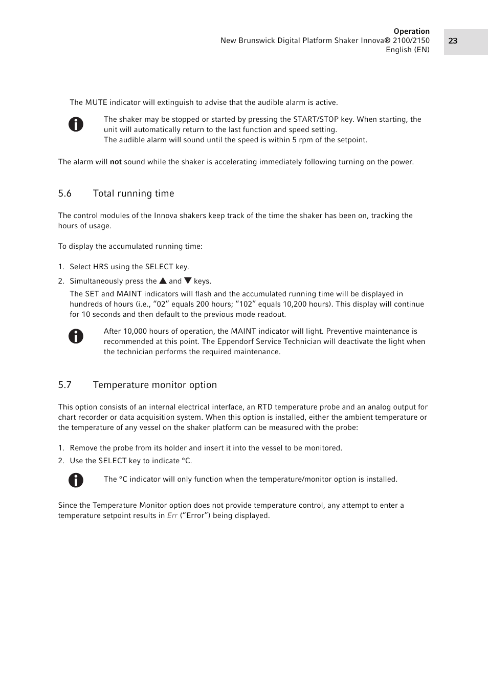 6 total running time, 7 temperature monitor option, Total running time | Temperature monitor option | Eppendorf 2150 Digital Platform Shaker User Manual | Page 23 / 42