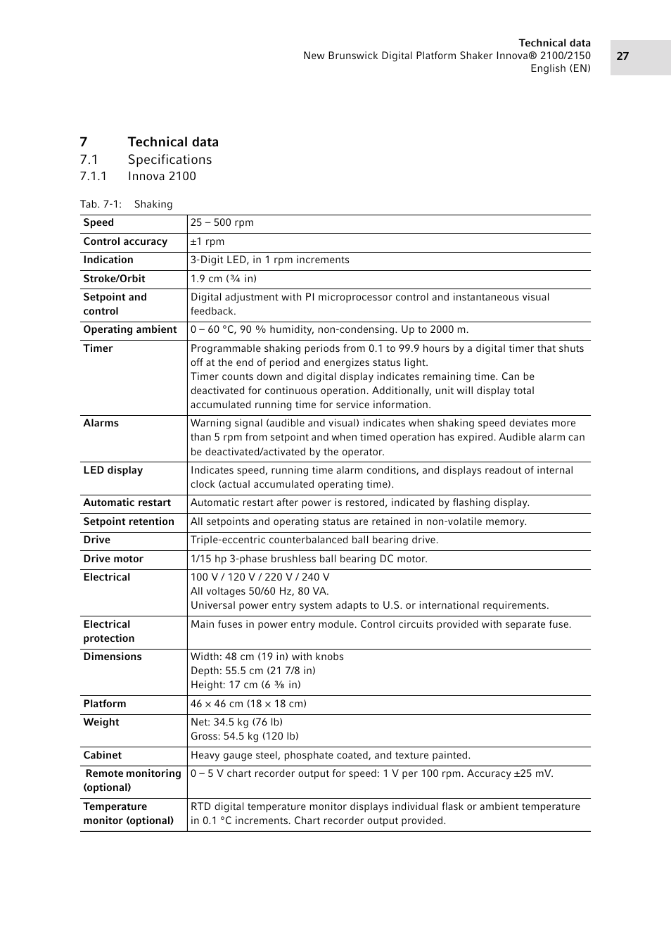 7 technical data, 1 specifications, 1 innova 2100 | Technical data 7.1, Specifications 7.1.1, Innova 2100, 7technical data 7.1 specifications | Eppendorf 2150 Digital Platform Shaker User Manual | Page 27 / 42