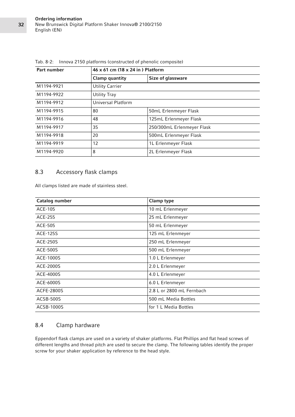 3 accessory flask clamps, 4 clamp hardware, Accessory flask clamps | Clamp hardware, Ence tables (see, Clamp hardware on p. 32) to identify the | Eppendorf 2150 Digital Platform Shaker User Manual | Page 32 / 42