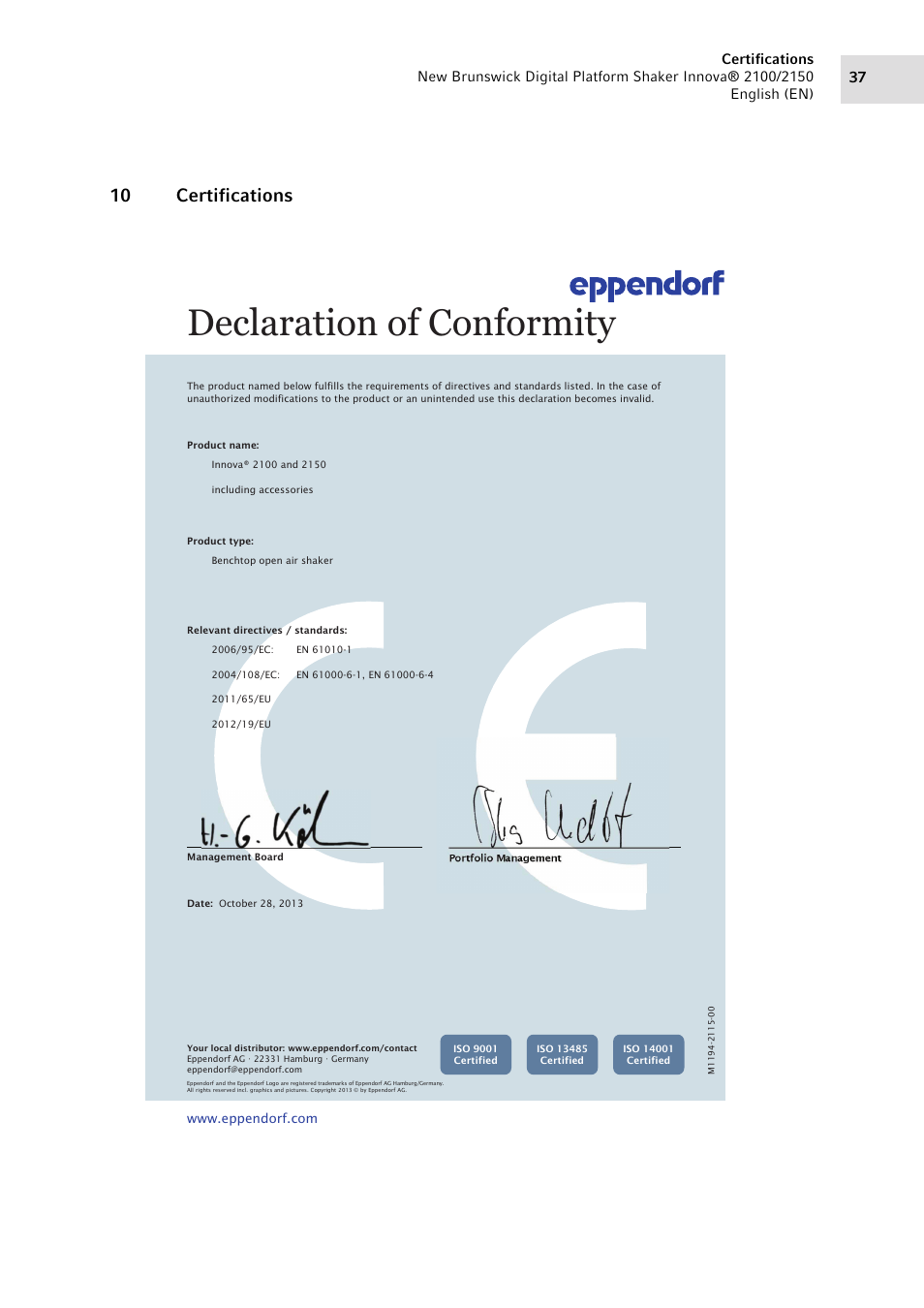 10 certifications, Declaration of conformity | Eppendorf 2150 Digital Platform Shaker User Manual | Page 37 / 42
