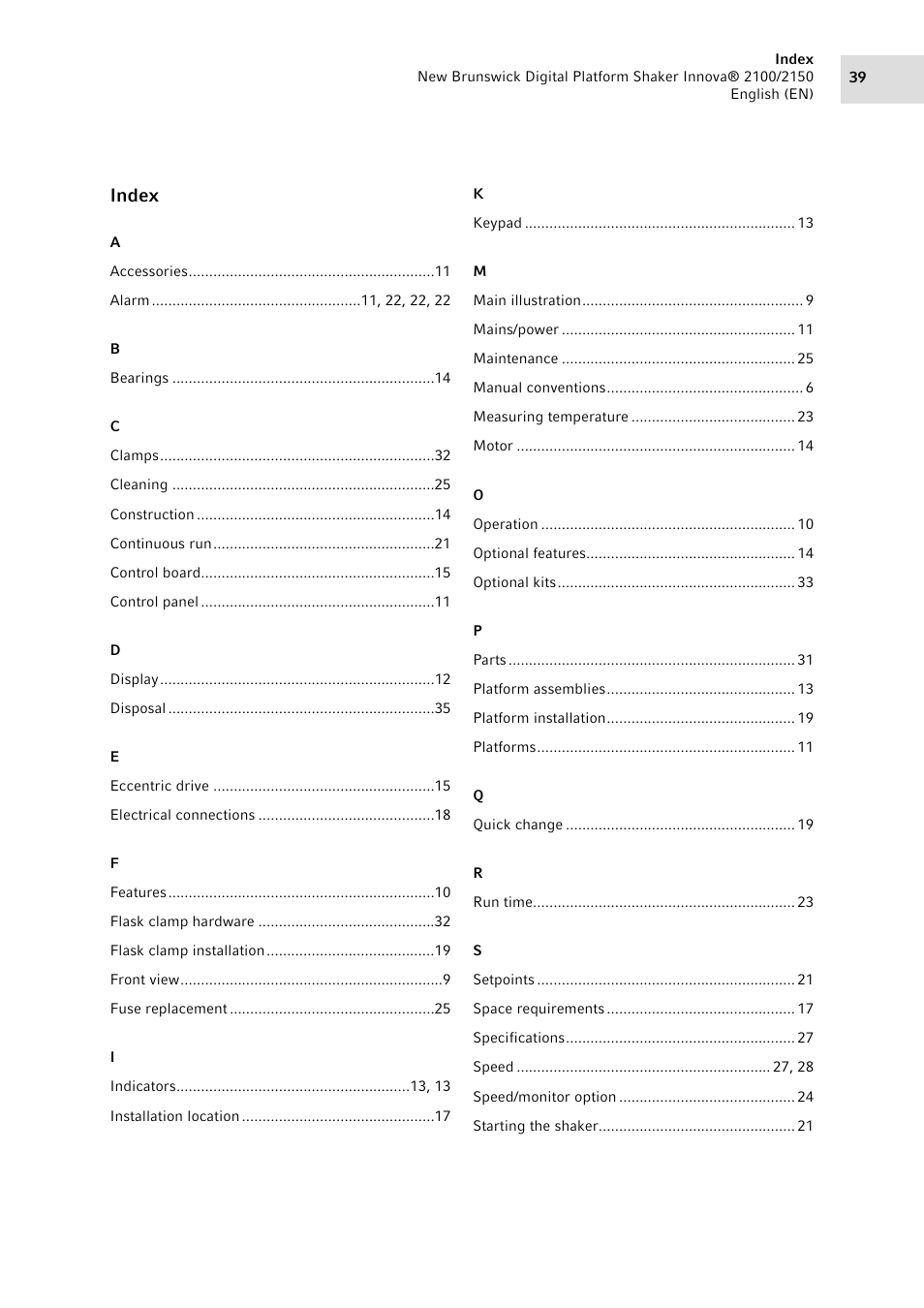 Index | Eppendorf 2150 Digital Platform Shaker User Manual | Page 39 / 42