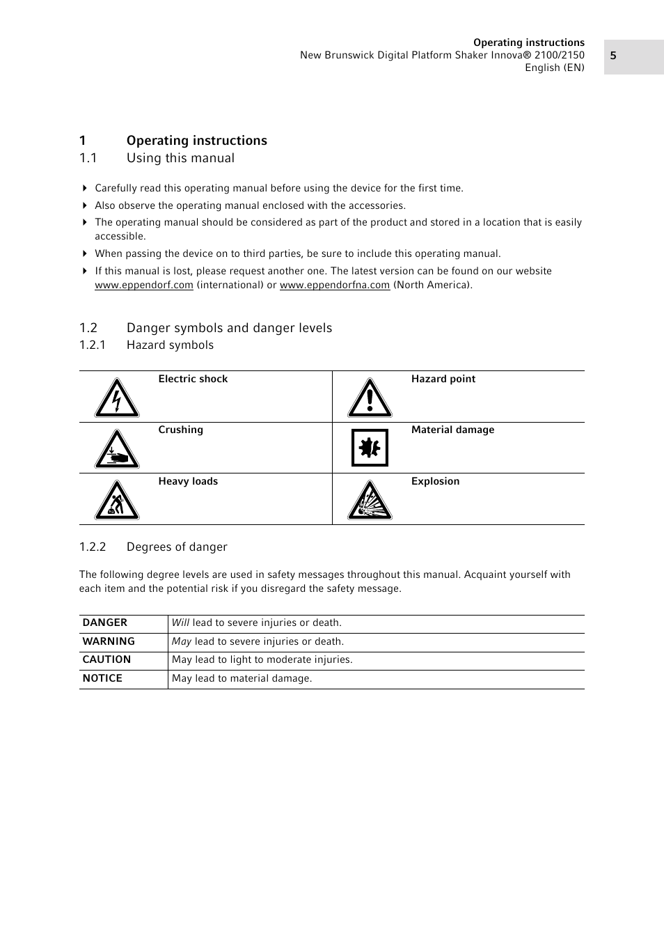 1 operating instructions, 1 using this manual, 2 danger symbols and danger levels | 1 hazard symbols, 2 degrees of danger, Operating instructions 1.1, Using this manual, Danger symbols and danger levels 1.2.1, Hazard symbols, Degrees of danger | Eppendorf 2150 Digital Platform Shaker User Manual | Page 5 / 42