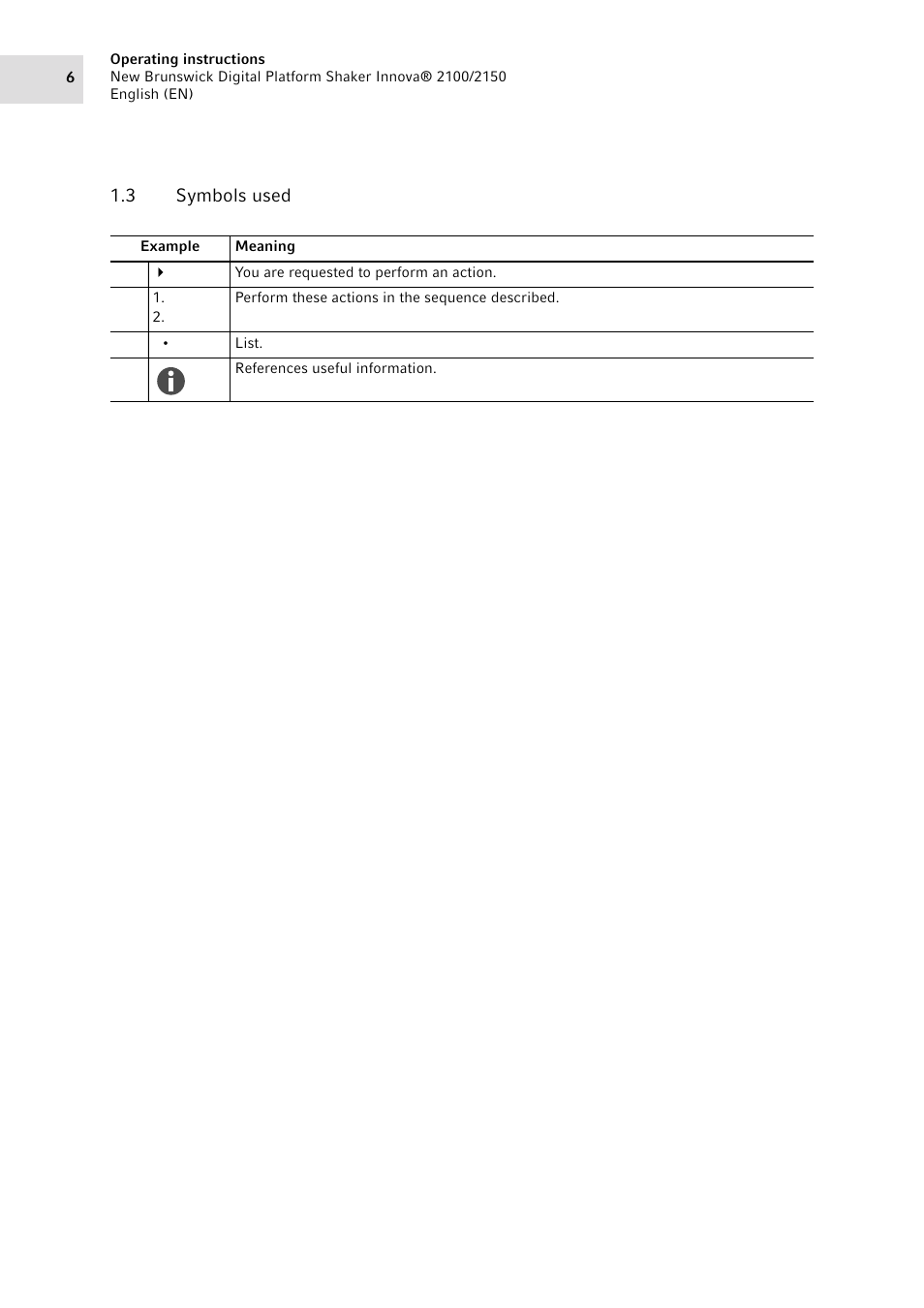 3 symbols used, Symbols used | Eppendorf 2150 Digital Platform Shaker User Manual | Page 6 / 42