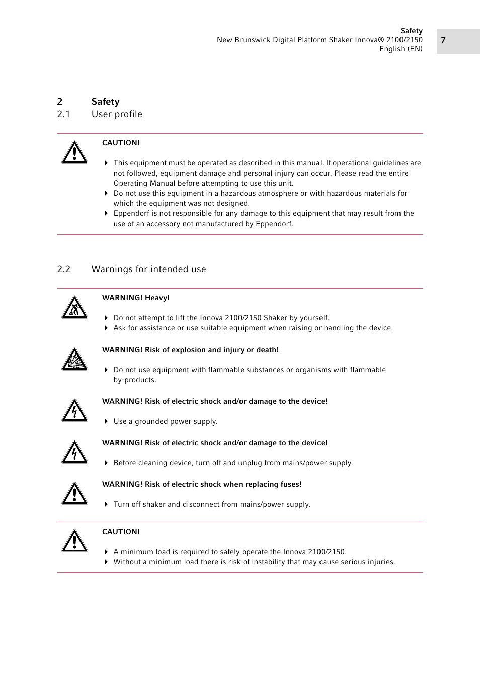 2 safety, 1 user profile, 2 warnings for intended use | Safety 2.1, User profile, Warnings for intended use | Eppendorf 2150 Digital Platform Shaker User Manual | Page 7 / 42
