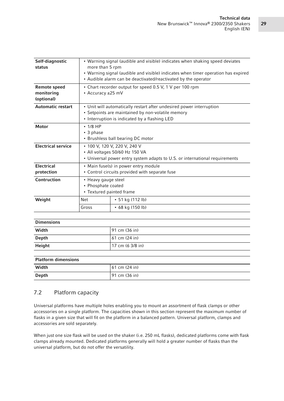 2 platform capacity, Platform capacity | Eppendorf 2350 Biological Shakers Innova User Manual | Page 29 / 46