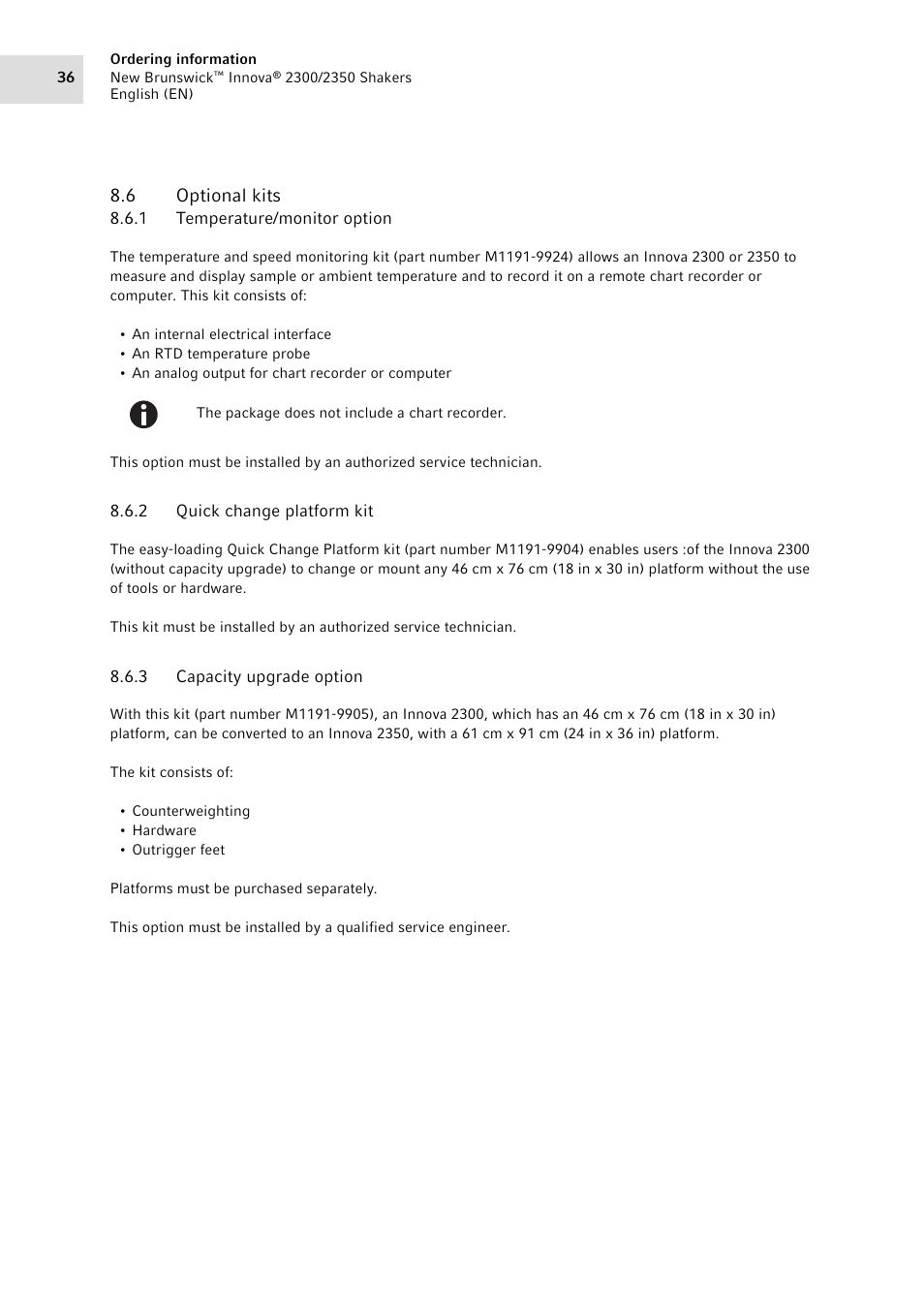 6 optional kits, 1 temperature/monitor option, 2 quick change platform kit | 3 capacity upgrade option, Optional kits 8.6.1, Temperature/monitor option, Quick change platform kit, Capacity upgrade option | Eppendorf 2350 Biological Shakers Innova User Manual | Page 36 / 46