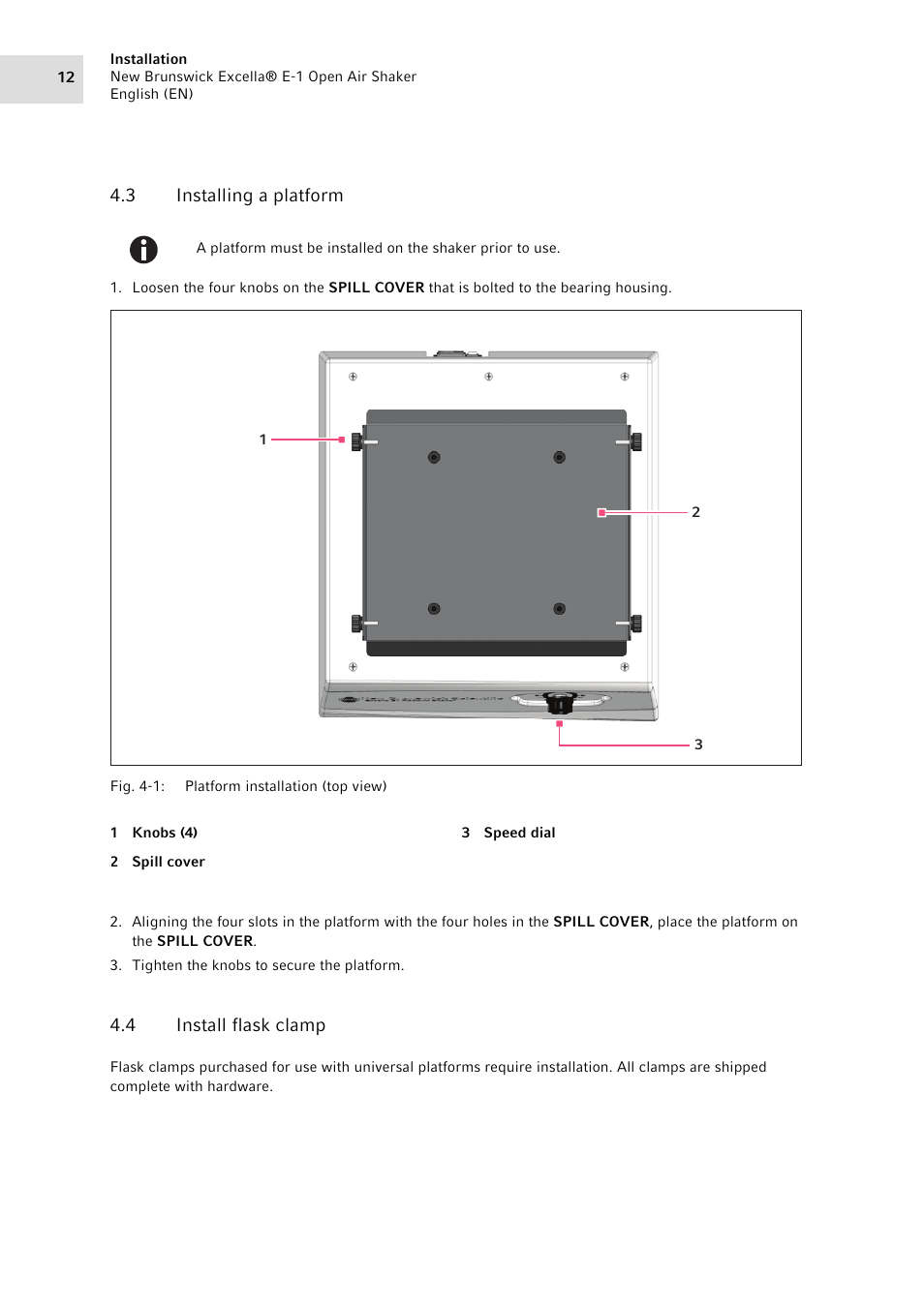 3 installing a platform, 4 install flask clamp, Installing a platform | Install flask clamp | Eppendorf Excella E-1 Classic Platform Shaker User Manual | Page 12 / 32