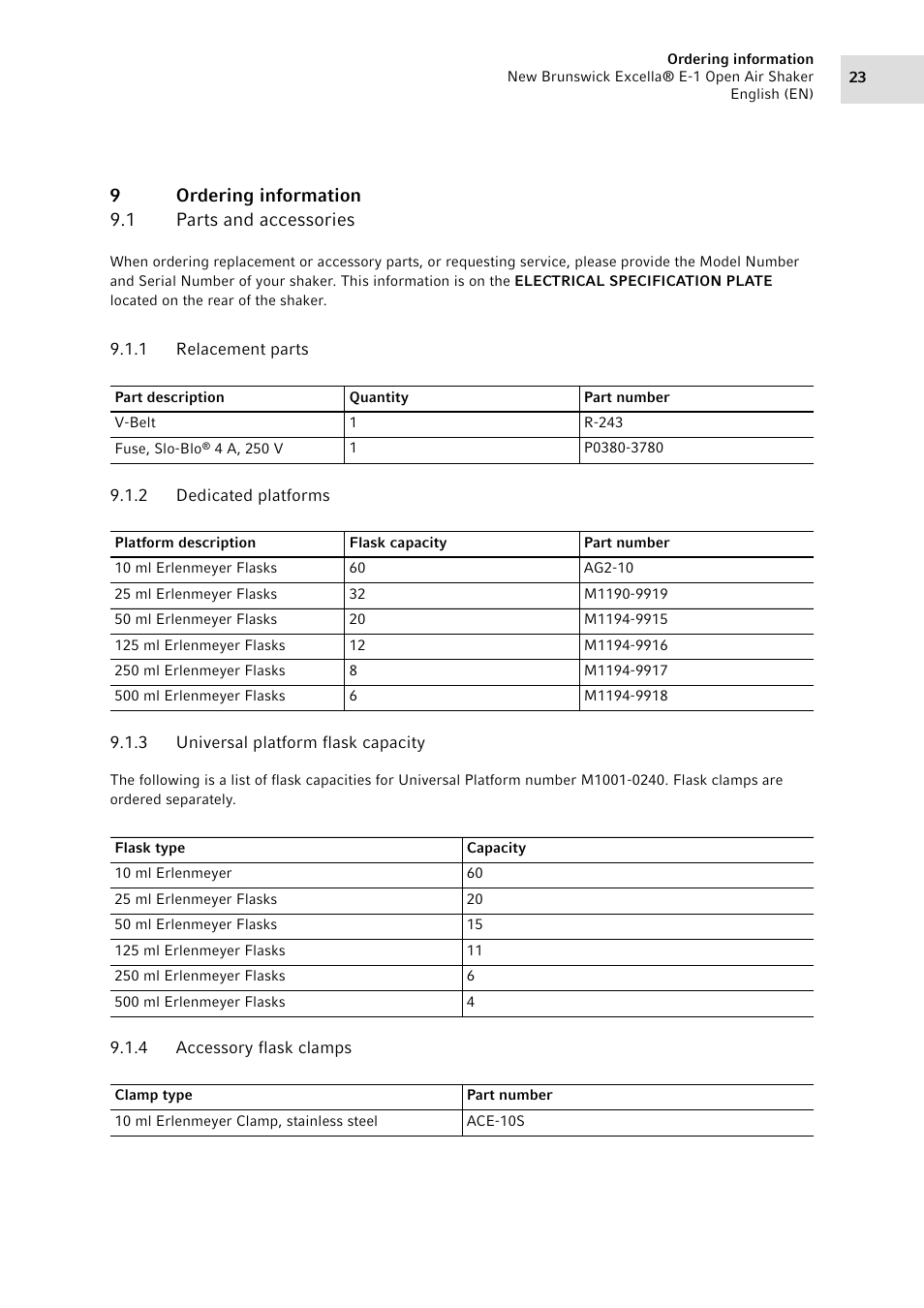 9 ordering information, 1 parts and accessories, 1 relacement parts | 2 dedicated platforms, 3 universal platform flask capacity, 4 accessory flask clamps, Ordering information 9.1, Parts and accessories 9.1.1, Relacement parts, Dedicated platforms | Eppendorf Excella E-1 Classic Platform Shaker User Manual | Page 23 / 32