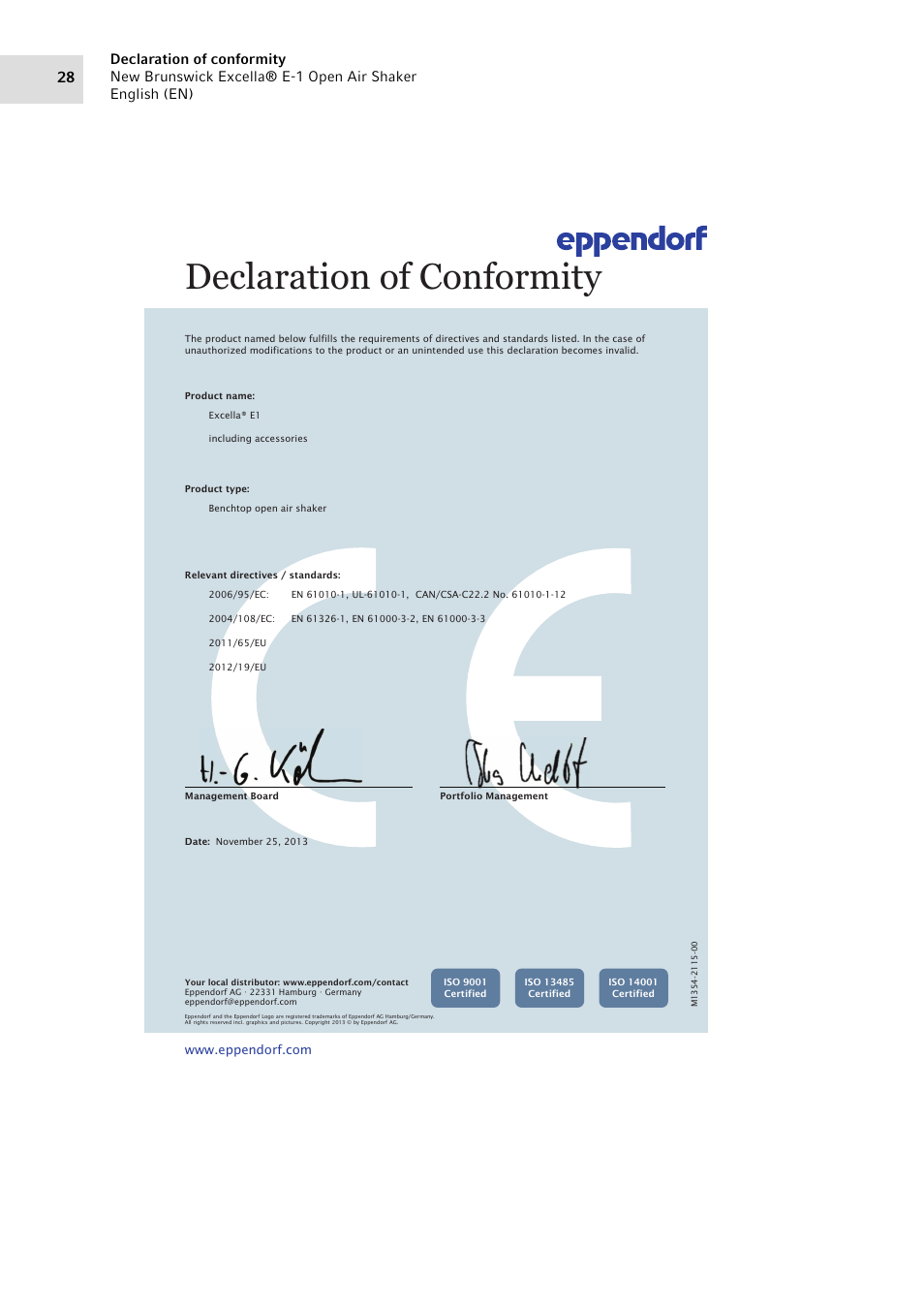 Declaration of conformity | Eppendorf Excella E-1 Classic Platform Shaker User Manual | Page 28 / 32