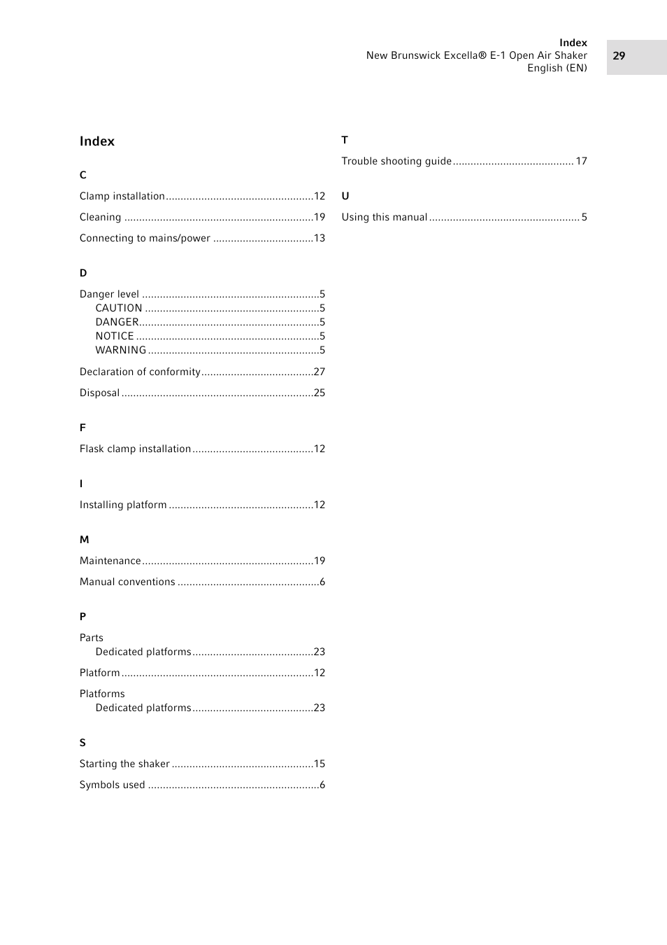 Index | Eppendorf Excella E-1 Classic Platform Shaker User Manual | Page 29 / 32