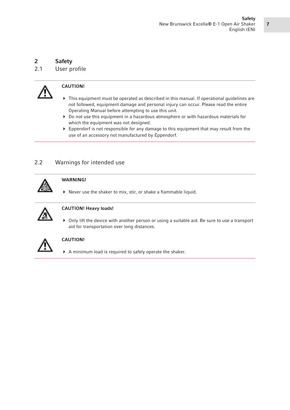 2 safety, 1 user profile, 2 warnings for intended use | Safety 2.1, User profile, Warnings for intended use | Eppendorf Excella E-1 Classic Platform Shaker User Manual | Page 7 / 32